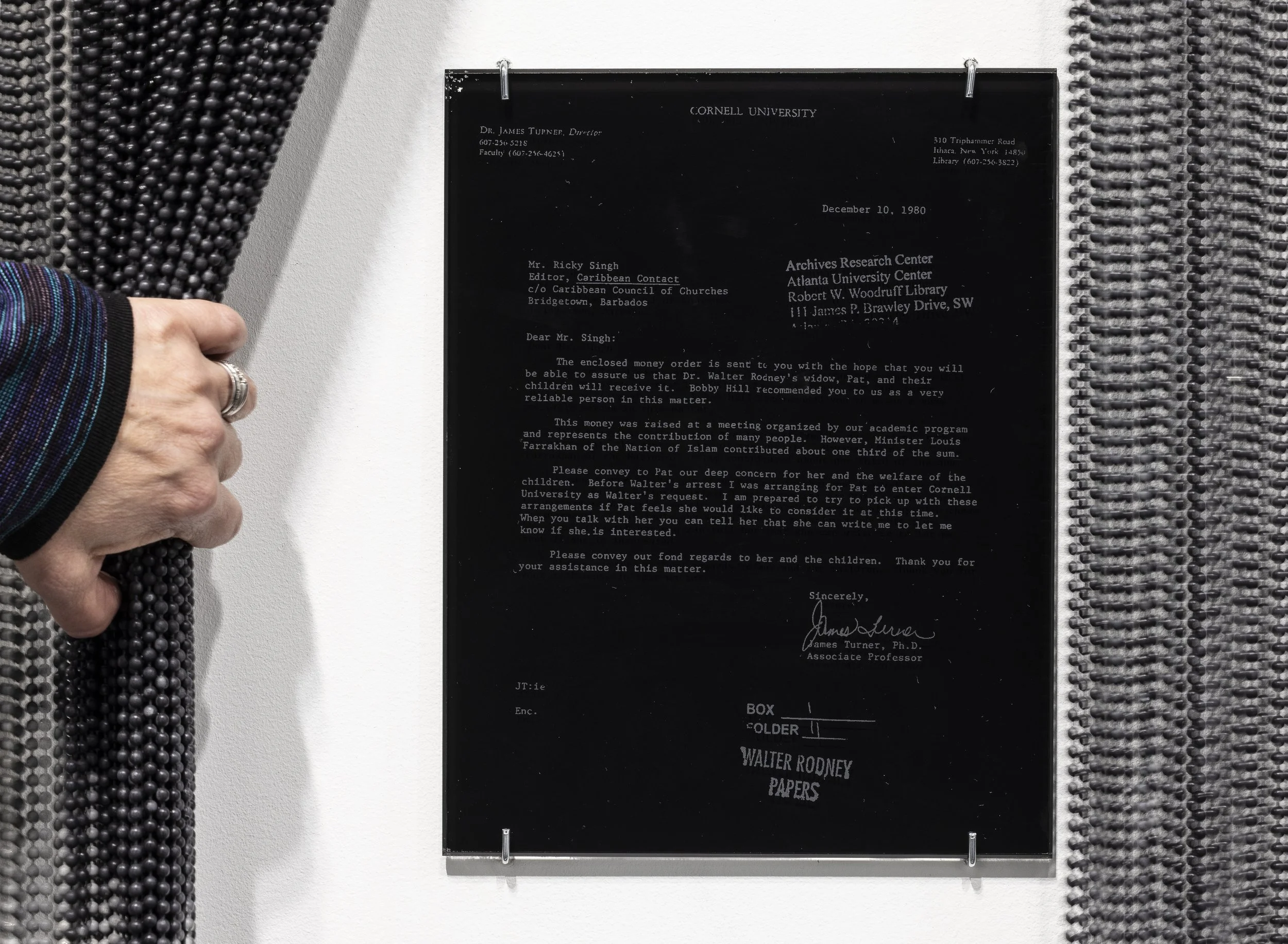 Ballad for Rodney, 2024
Detail with glass reproduction of Walter Rodney correspondence. Rights acquired from Robert W. Woodruff Library. 