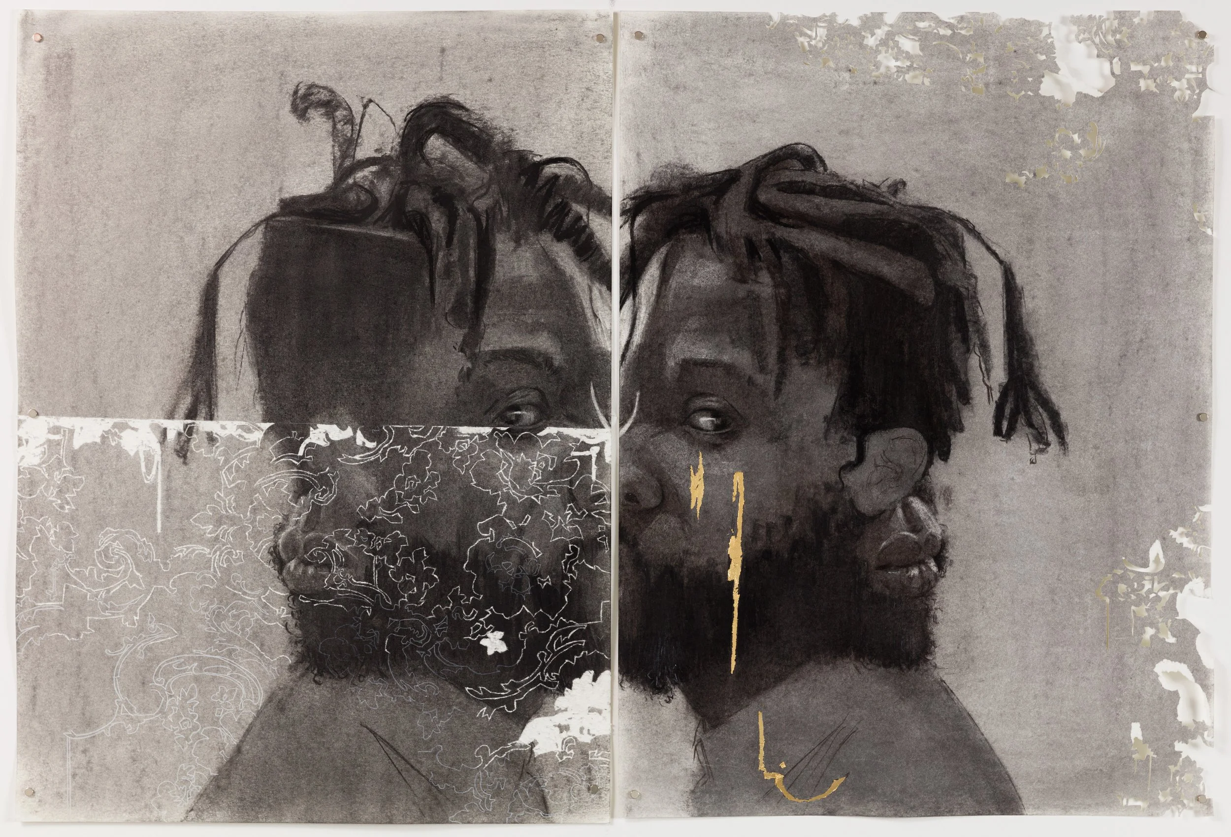 Du Boys (1), 2020
Charcoal and gold leaf on paper
32 x 56 inches / 81.3 x 142.2 cm
