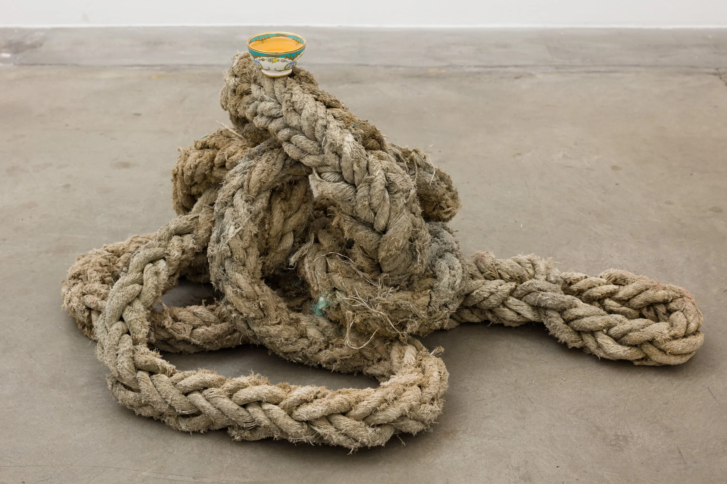 Punch Drunk Love, 2017
Shipping rope, china, rum
Dimensions variable