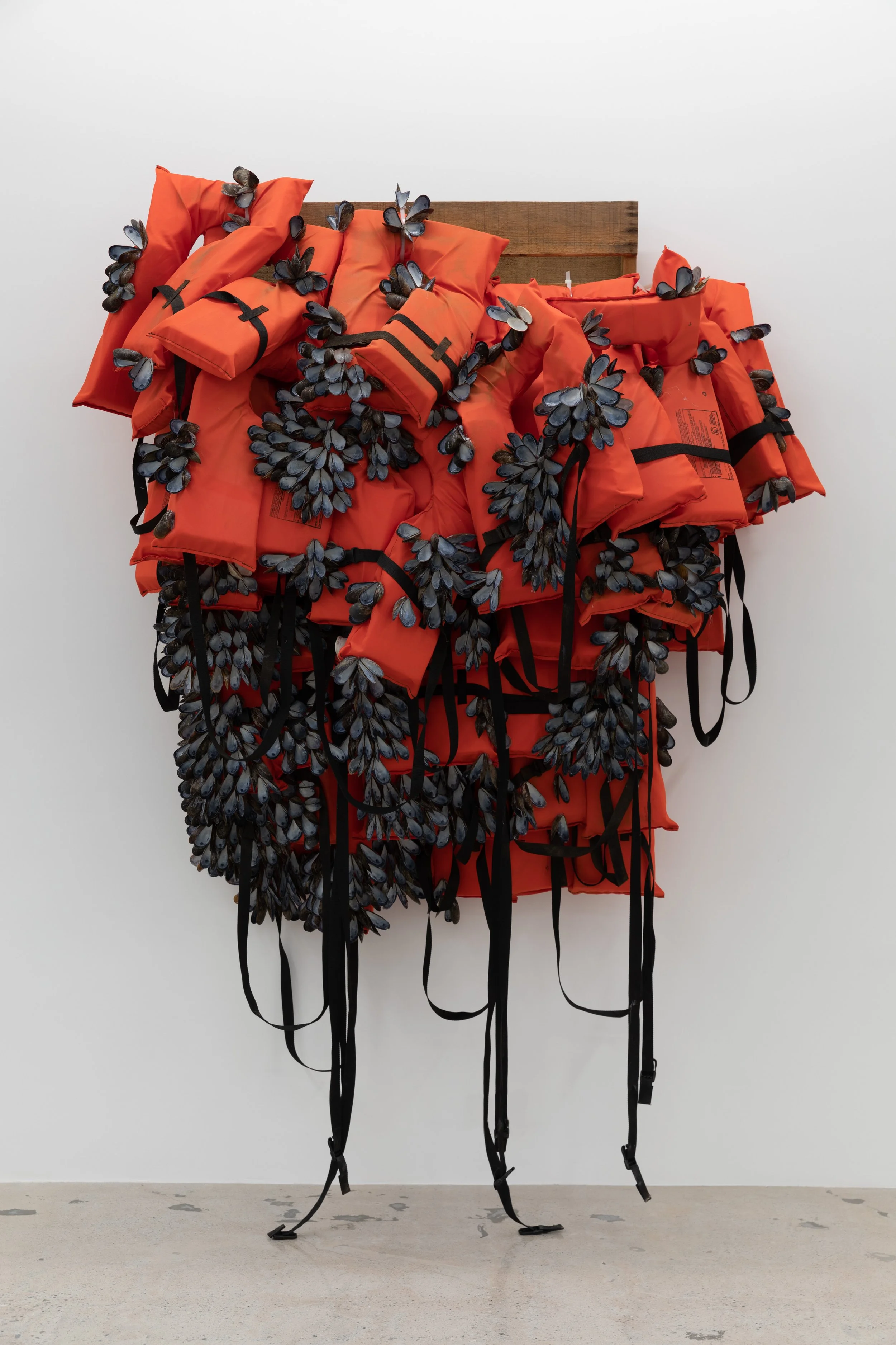 The Enigma of Arrival in Four Sections: Section I: “Guess Who Is Coming to Dinner”, 2017
Mussel shells, life vest, shipping pallet
90 x 62 x 26 inches / 228.6 x 157.5 x 66 cm
