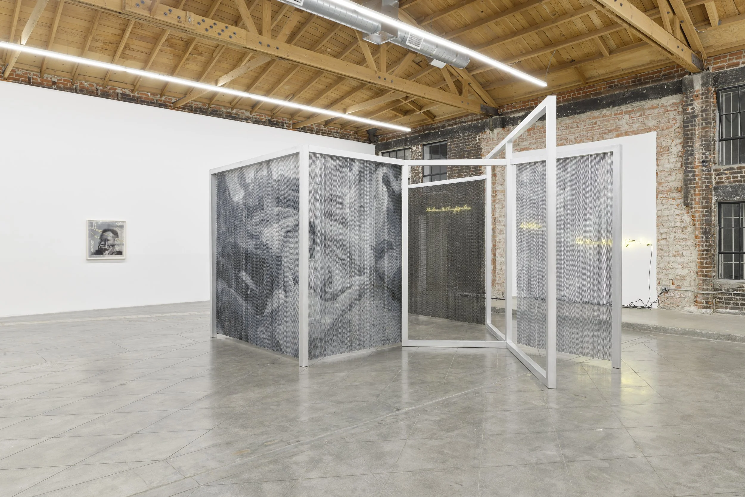 4×4  Timing/Hush Now, Don’t Explain, 2023
Aluminum frame, steel beaded curtains, paint 
112 x 231 x 151 ½  inches [HxWxD]
