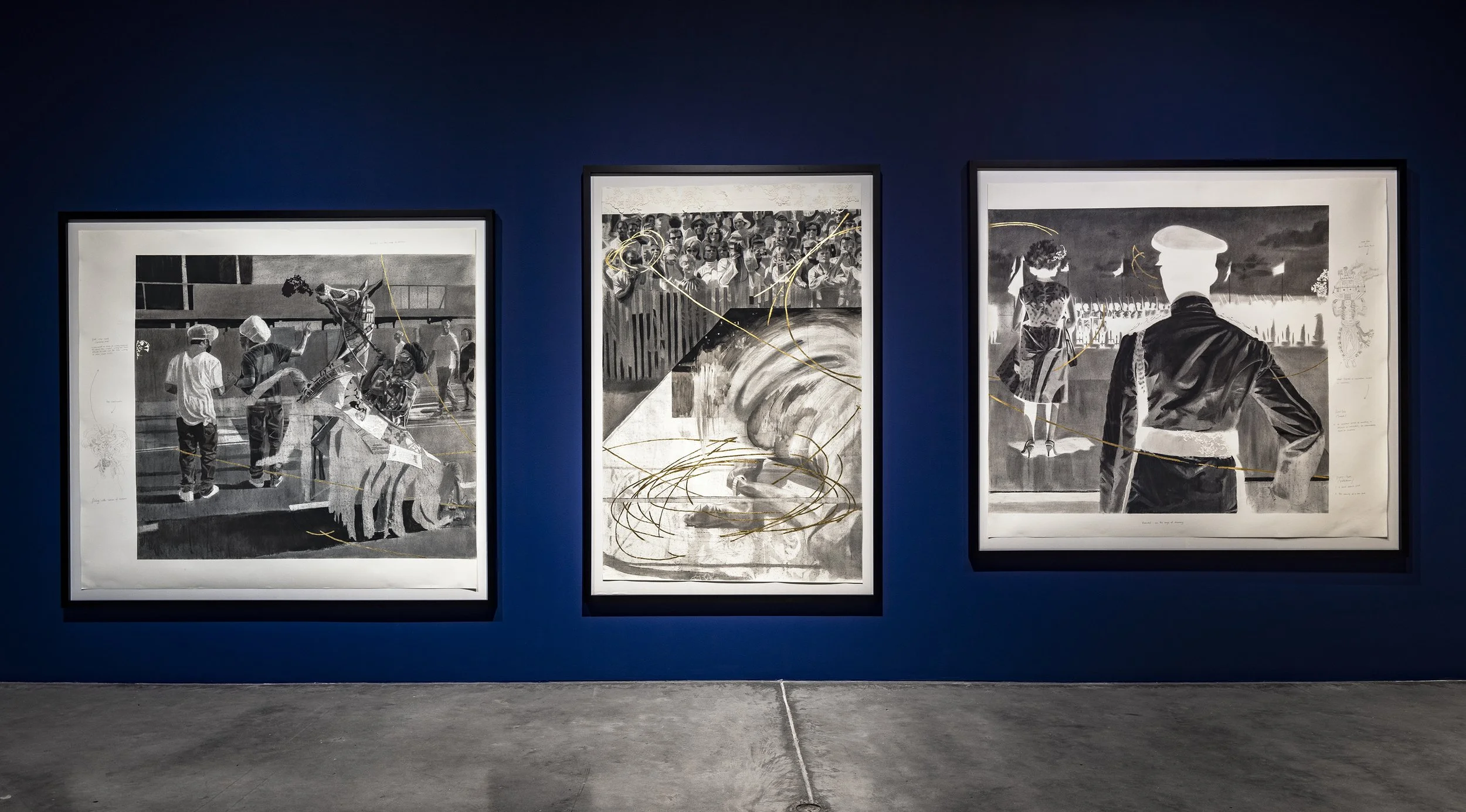 Sketches of Character Tryptic, 79 ¹⁄₂ x 87 ¹⁄₄ inches, 80 x 52 inches, 78 ¹⁄₂ x 87 ¹⁄₄ inches, Charcoal and mixed media on paper, framed