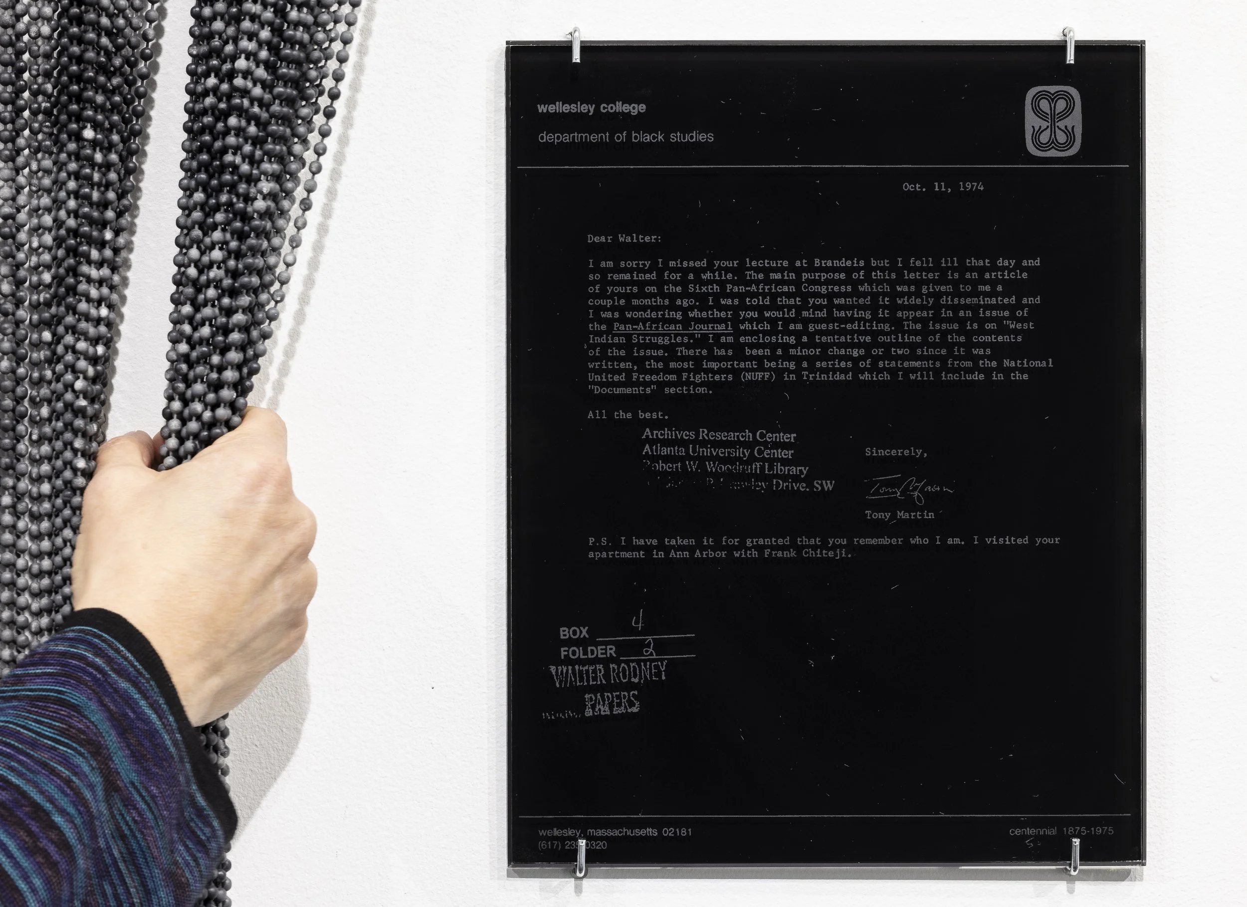 Ballad for Rodney, 2024
Detail with glass reproduction of Walter Rodney correspondence. Rights acquired from Robert W. Woodruff Library. 