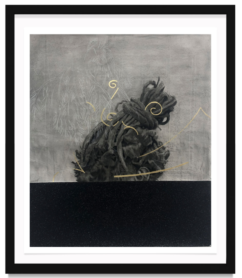 Skylarking, 2022
Charcoal, black glitter, and gold leaf on paper, 60" x 50" inches  / 152.4 x 127 cm
