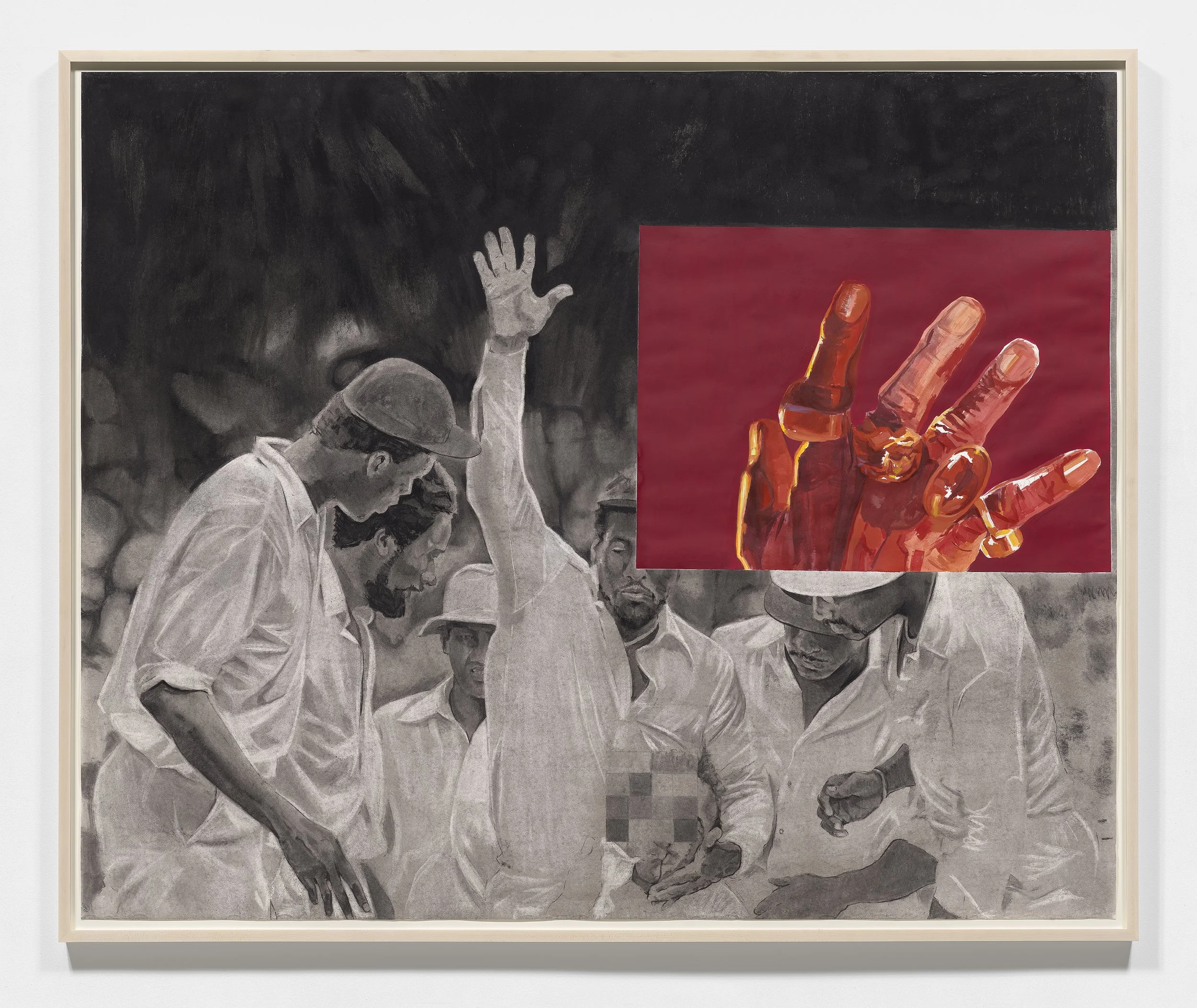 Agitation 3- Catching Hands, 2023
Charcoal and gouache on paper
75 ¹⁄₂ x 91 ¹⁄₂ inches / 191.8 x 232.4 cm