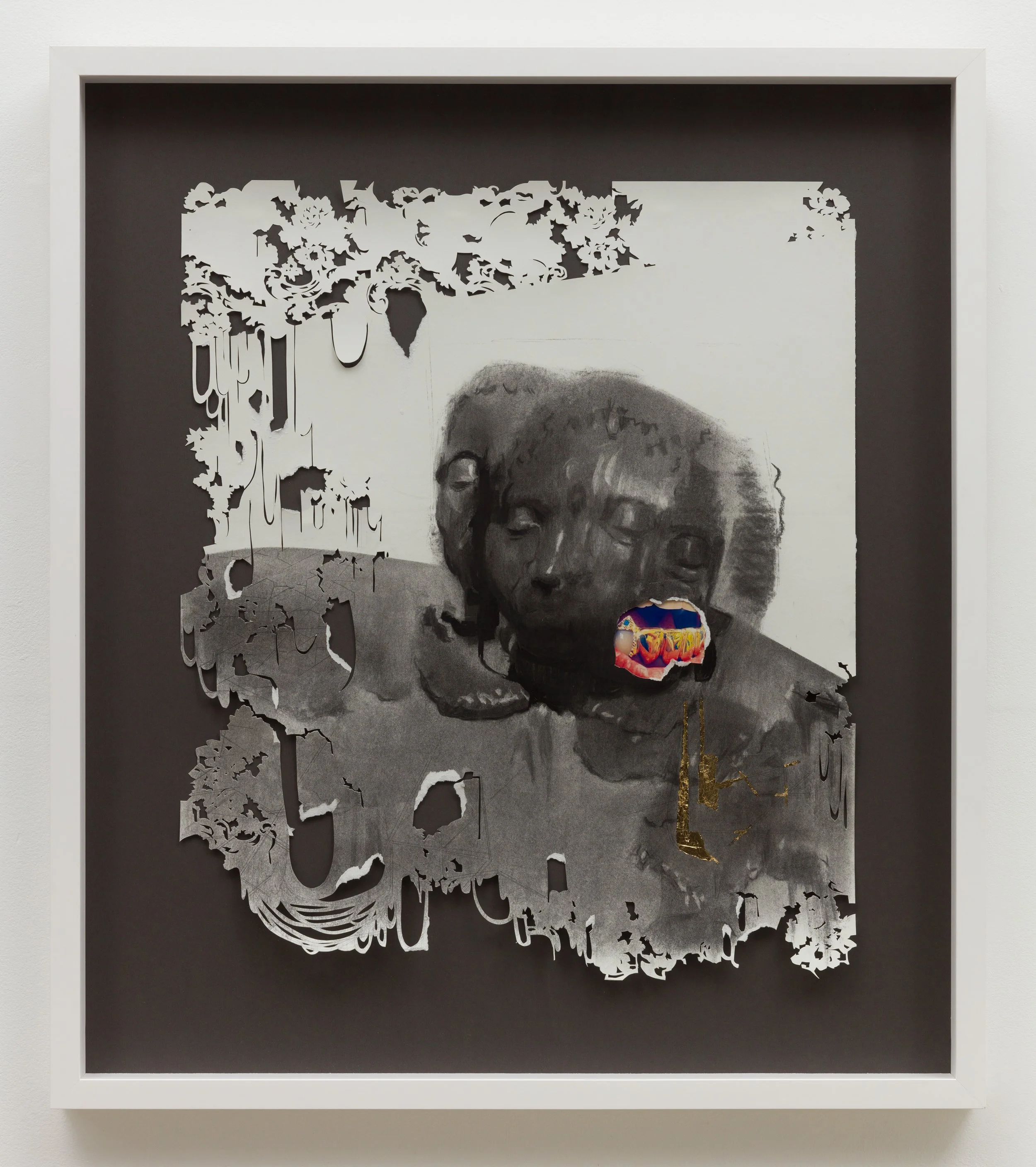 Mouthfull, 2019
Charcoal and gold leaf on cut paper, framed
42" x 37"  inches / 106.68 x 93.98 cm