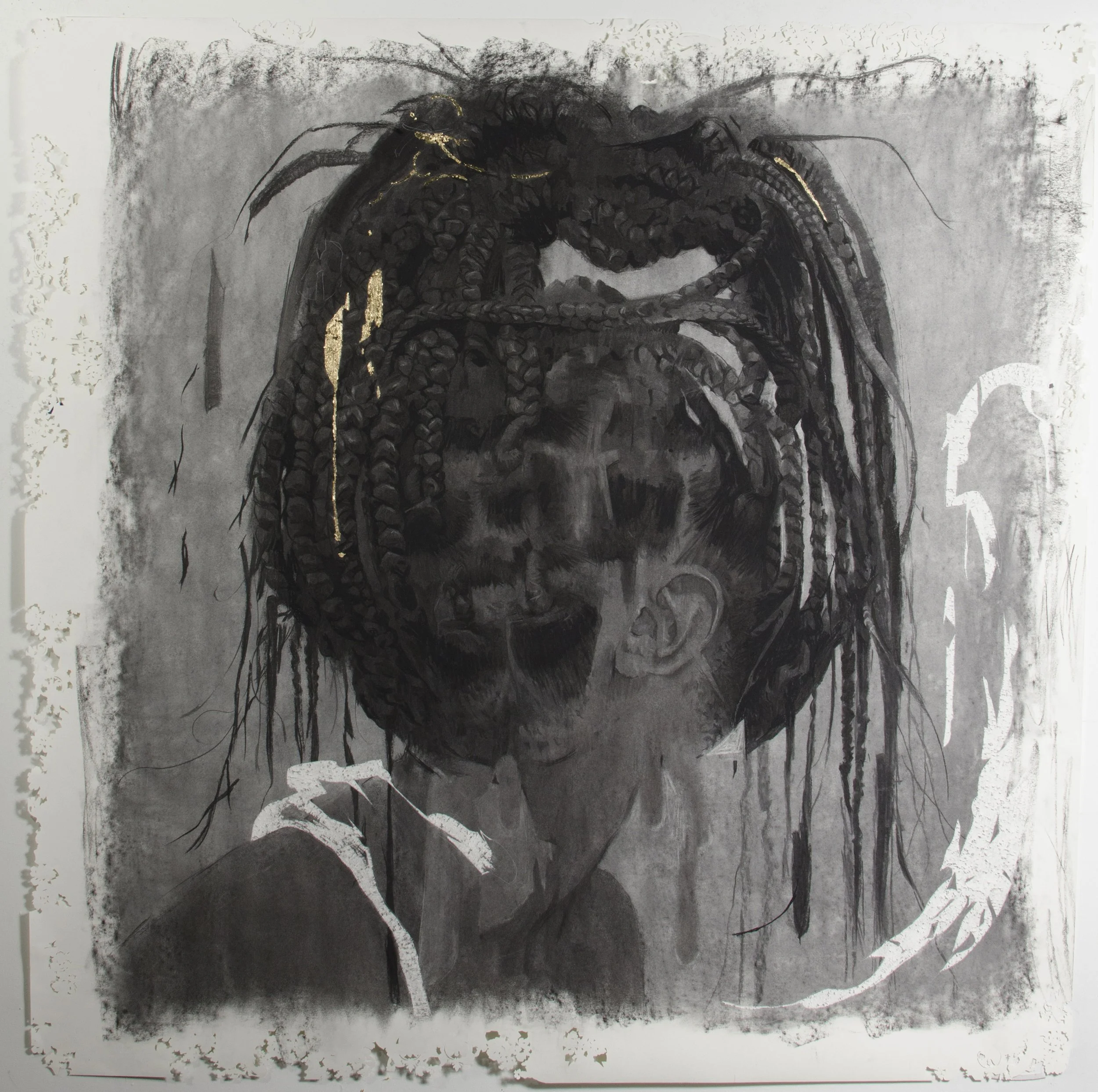 KISS MI NECK BACK,
Charcoal and gold leaf on paper
72 x 71 inches / 182.88 x 180.34 cm