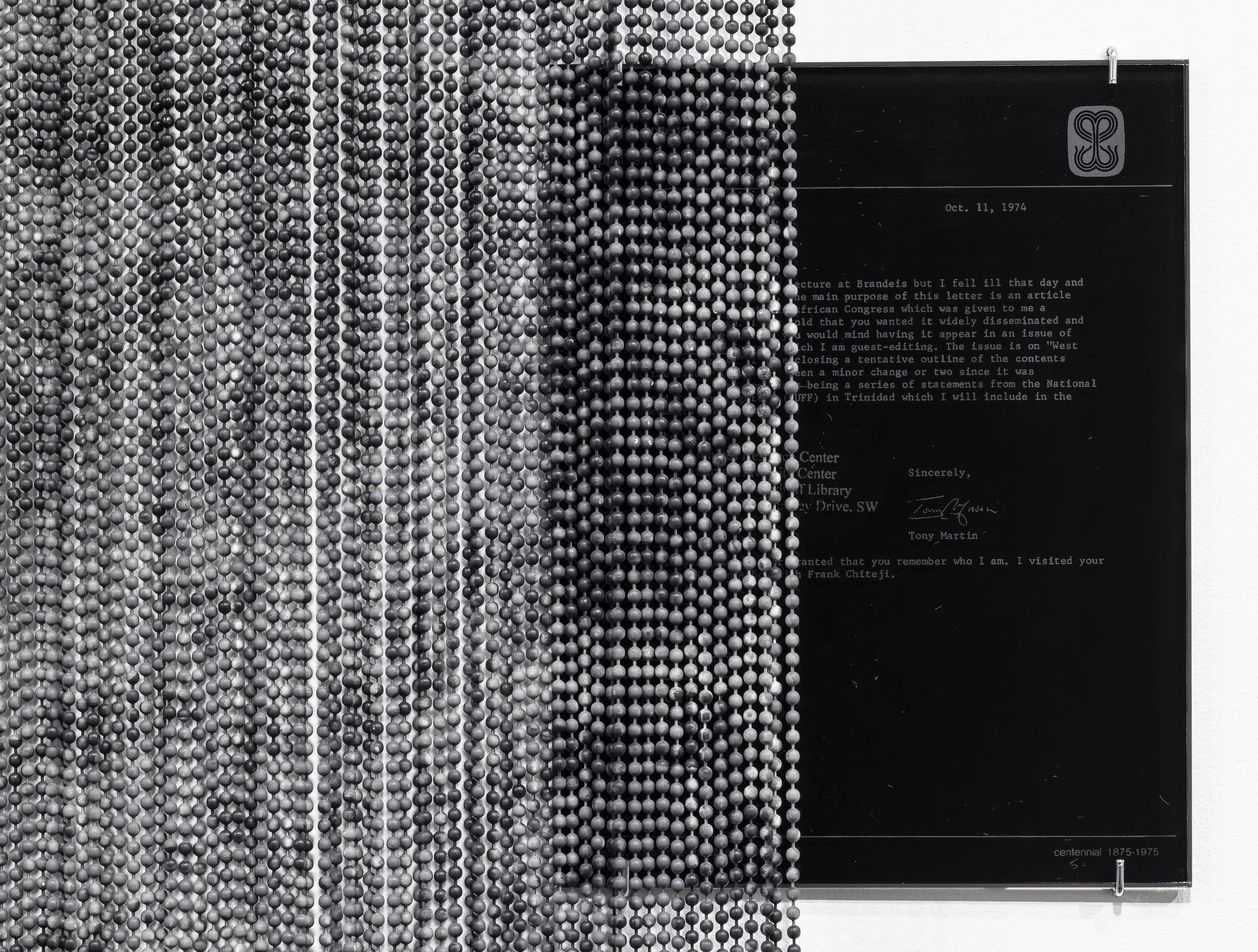 Ballad for Rodney, 2024
Detail with glass reproduction of Walter Rodney correspondence. Rights acquired from Robert W. Woodruff Library. 