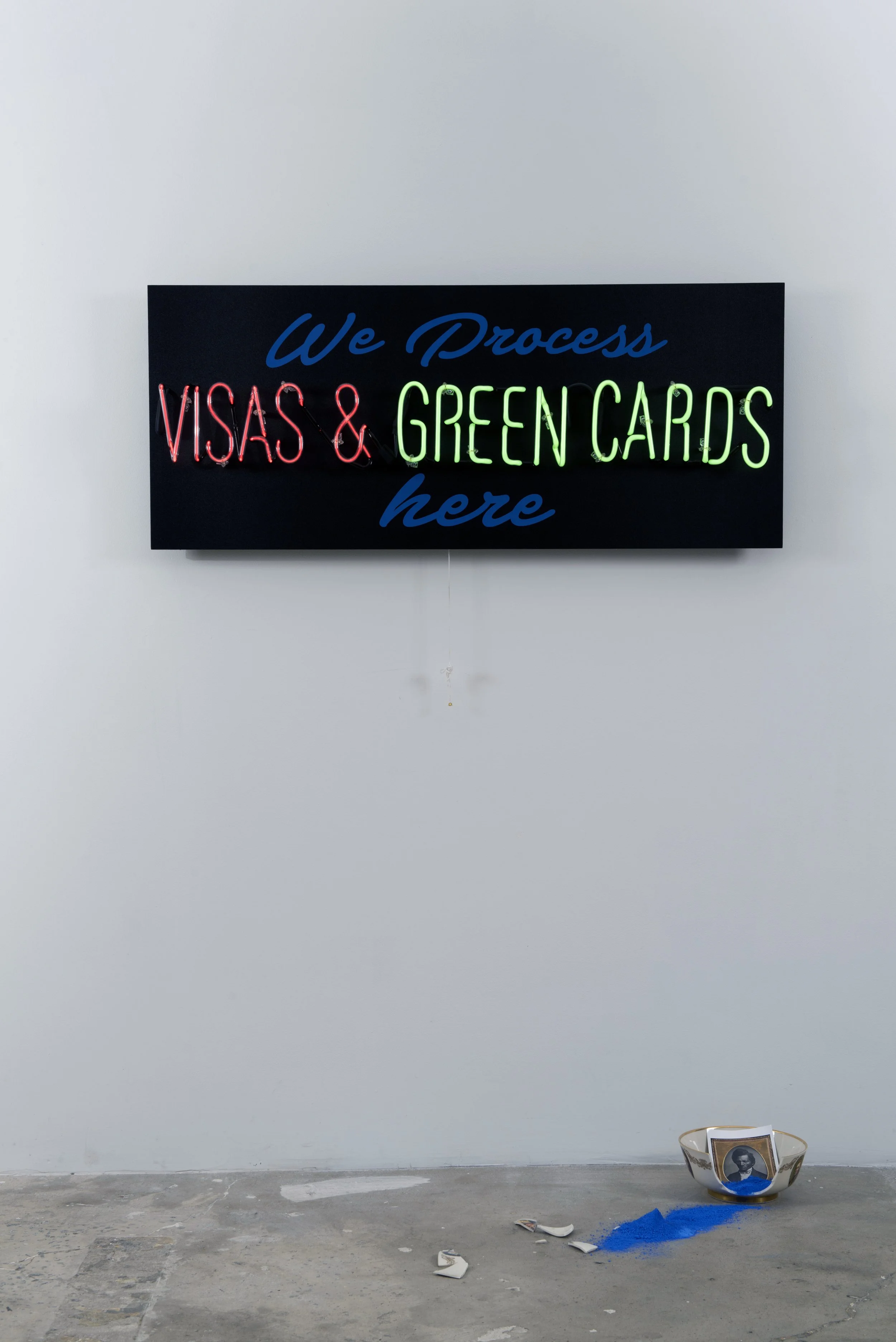 The Enigma of Arrival in Four Sections: Section II: RED, GREEN, BLUE AND BLACK
Neon Sign, Ceramic Bowl, indigo, Postcard
Size Varies
