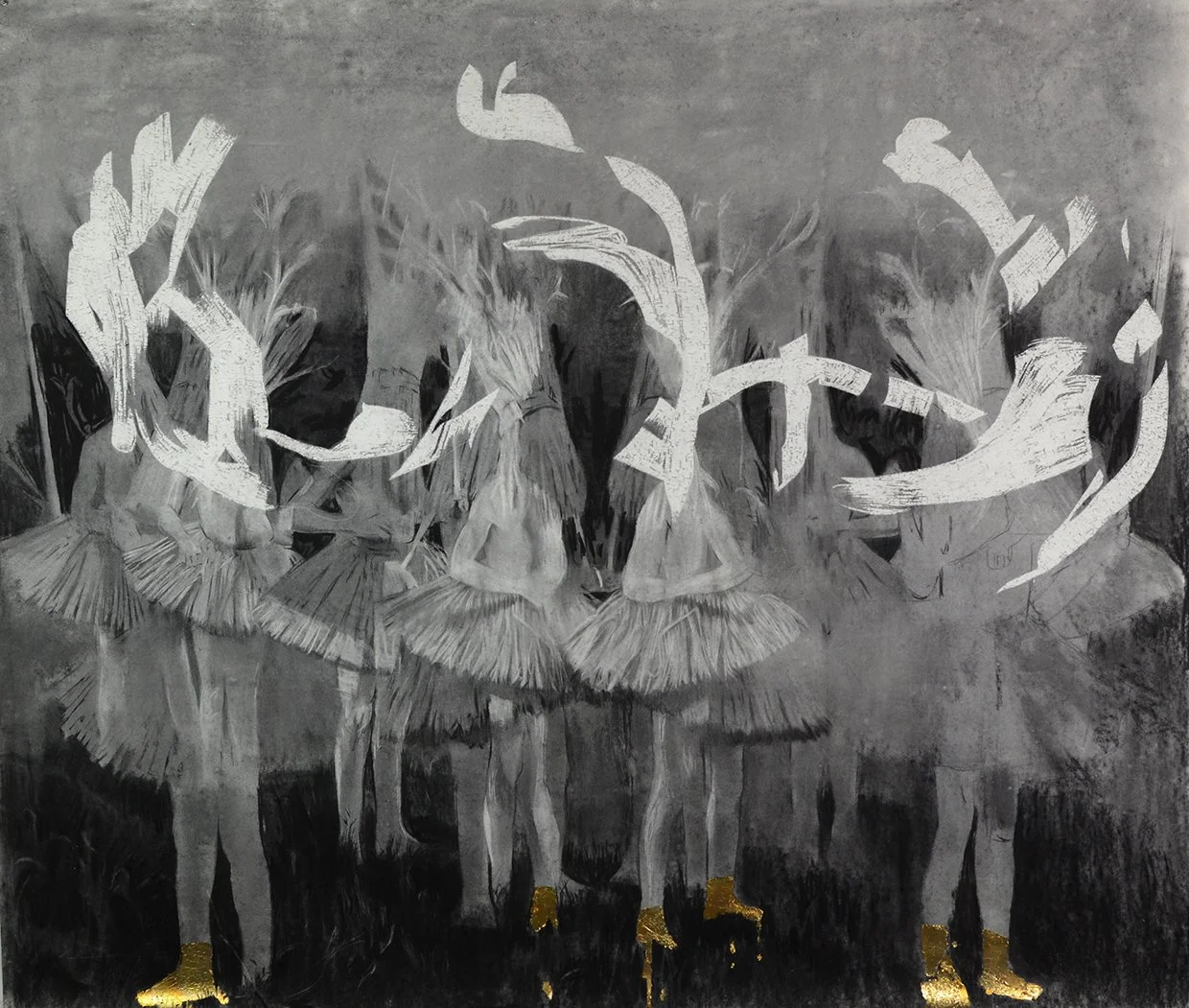 Golden Kicks/ “A weh yuh get da new Clarks deh, daddy?”
Charcoal and gold leaf on paper
50x 60 inches / 127 x 152.4 cm