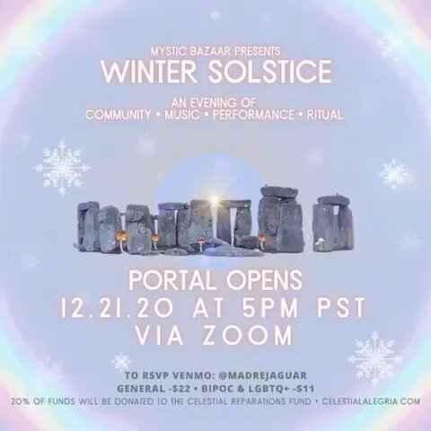Happy Solstice! Tonight!!! 🪐🪐🪐🍄 Join us! 5 pm Pacific Time, goes late. Making kin around a virtual 🔥 and many magic offerings:

Repost from @madre.jaguar
&bull;
Have you RSVP&rsquo;d for @mystic_bazaar &lsquo;s #WINTERSOLSTICE event yet??? I am 