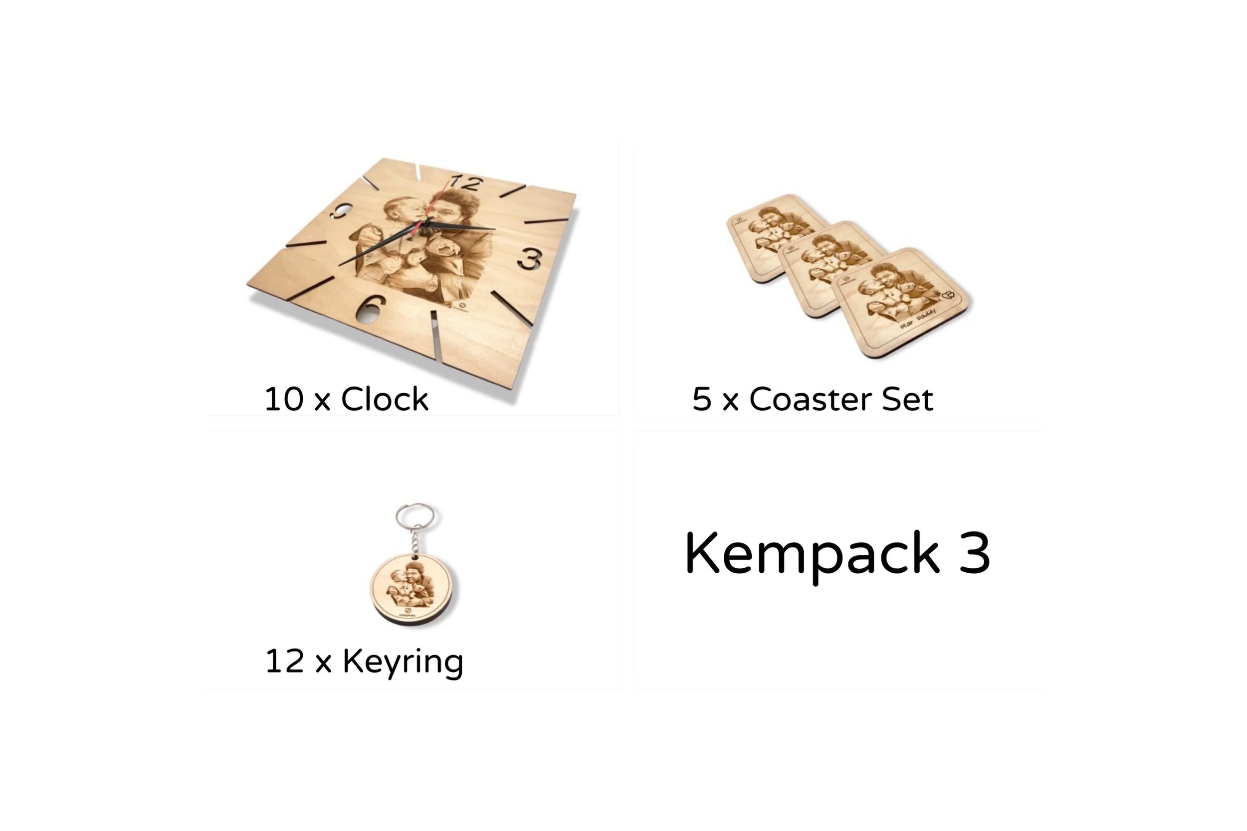 Kempack 3, Kemspora laser engraved combination pack, of a father hugging his son, on a uniquely stylish wooden clock, 3 coasters and keyring.