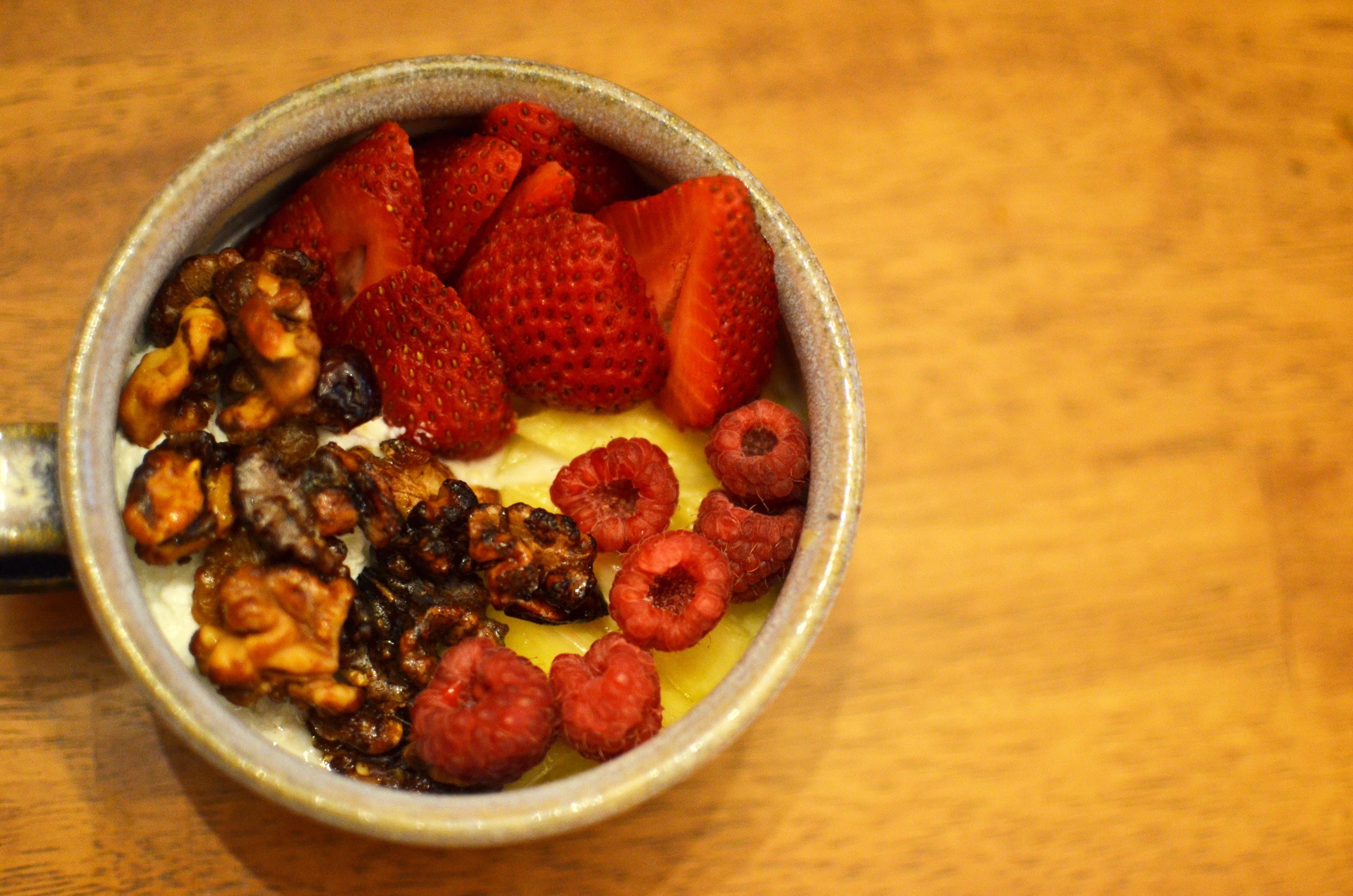 Walnut, strawberries, raspberries, pineapple oatmeal
