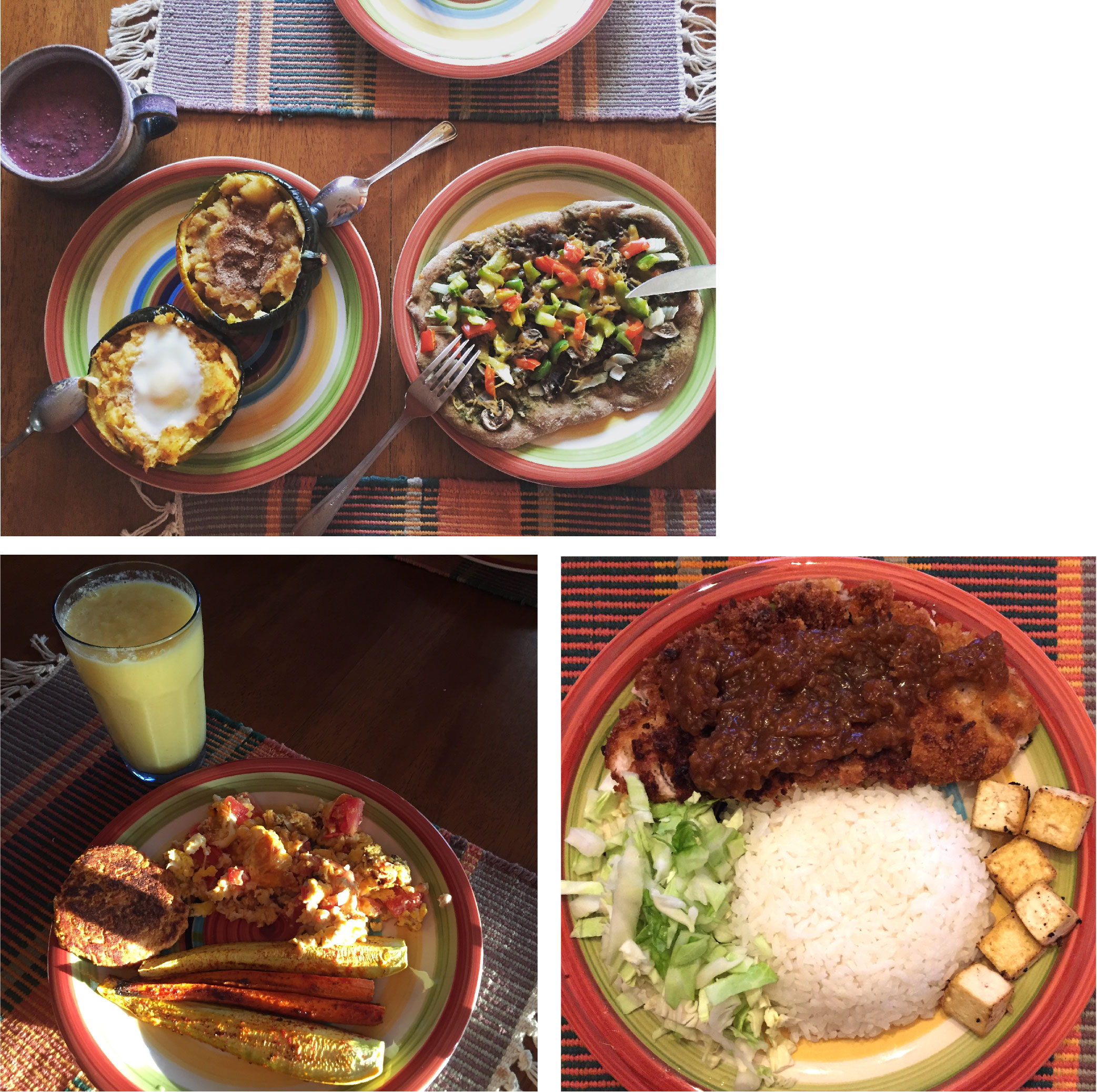 (Top) Berries smoothies. Squash with cinnamon. Squash with cheese and egg. Veggie pizza. (Bottom left) Veggie scramble eggs. Roasted carrots and squash. Pancake. Pineapple juice? (Bottom right) Japanese style fried pork loin - alright this one is not so healthy but it's very delicious.