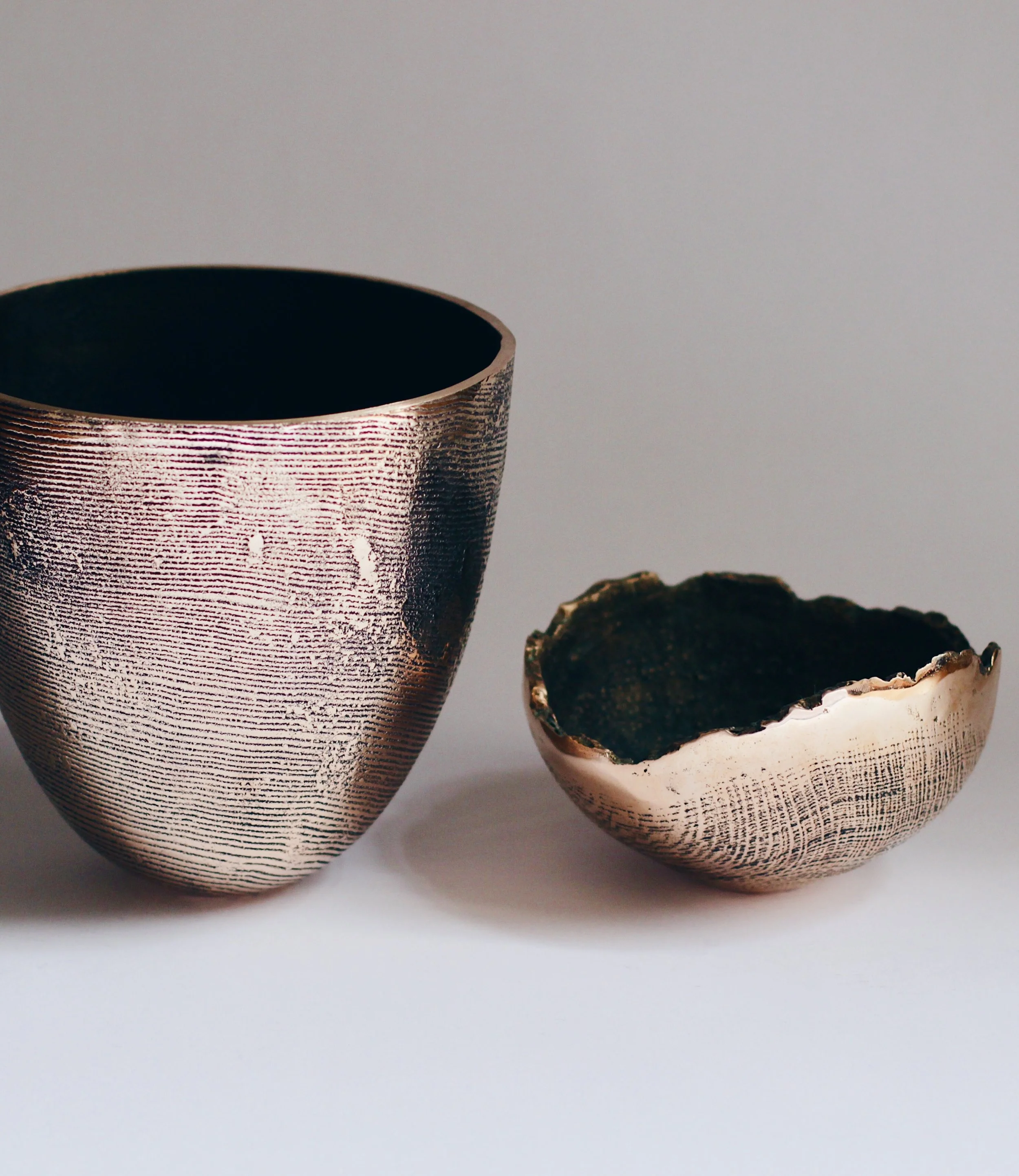 Alexander Devol - Parabolic vessel & Bark bowl in bronze.JPG