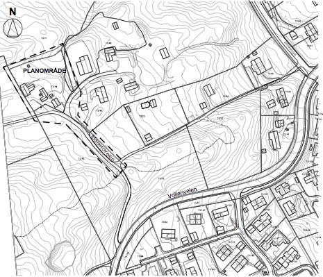 Illustrasjon 1 Utsnitt planområde, avgrensning med stiplet tykk strek
