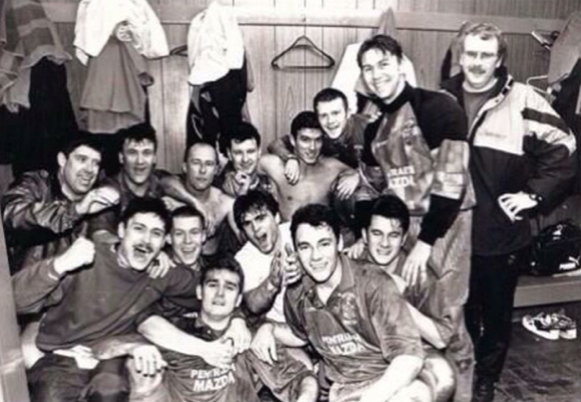 Winning habit: The Bangor team after becoming League of Wales champions for the second year in succession