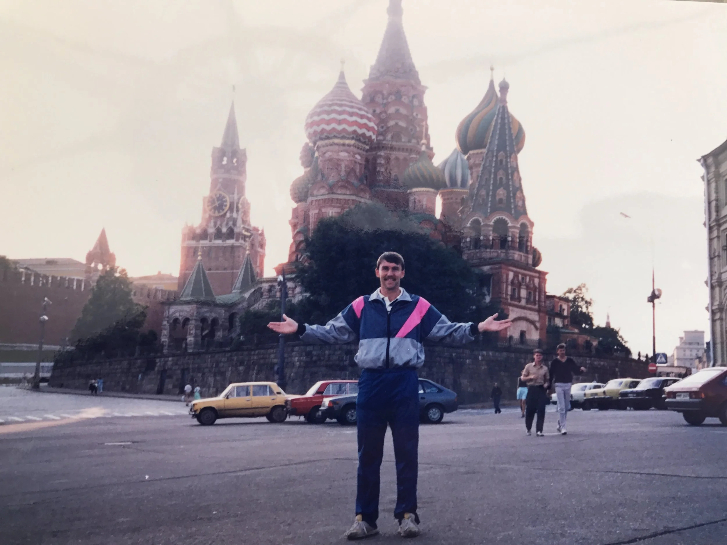Taking in the culture and famous landmark St.Basil's Cathedral, Red Square,&nbsp;in Moscow, Russia, 1990 on tour with Wigan Athletic. Club tracksuit was in style back then !