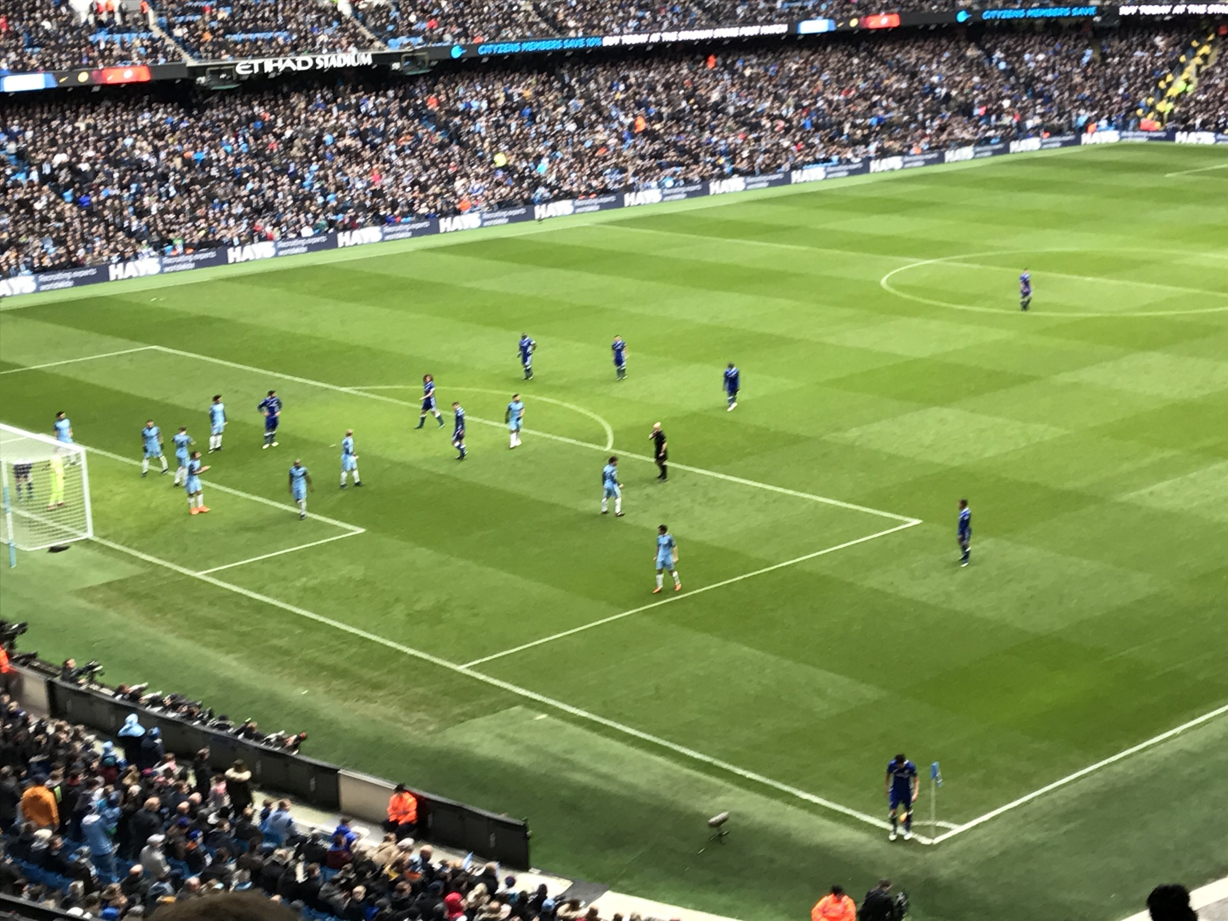 Manchester City setting up to defend a Chelsea corner at the Etihad Stadium.