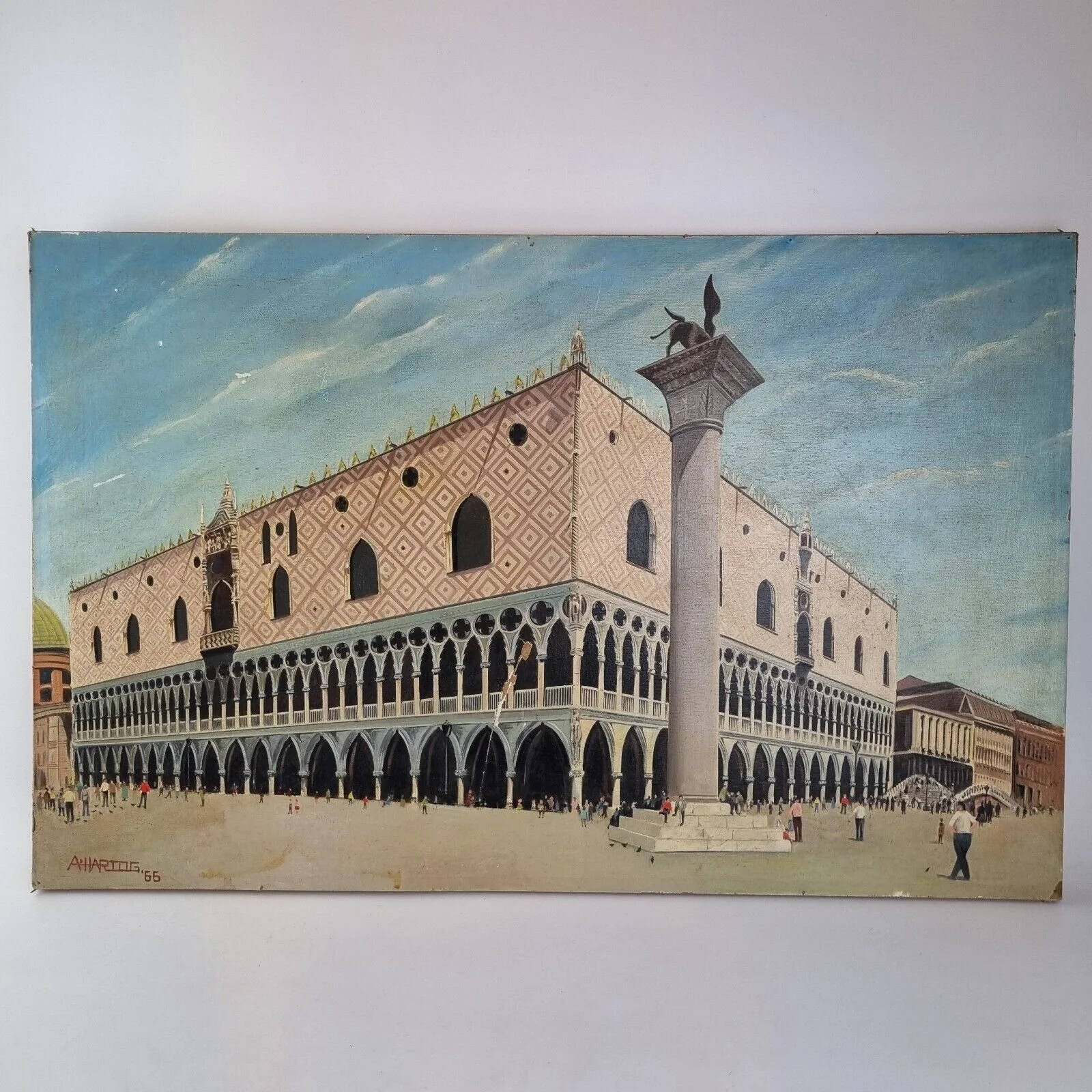 20thC Signed Oil On Board Landscape Doge's Palace Venice 1966 For Restoration