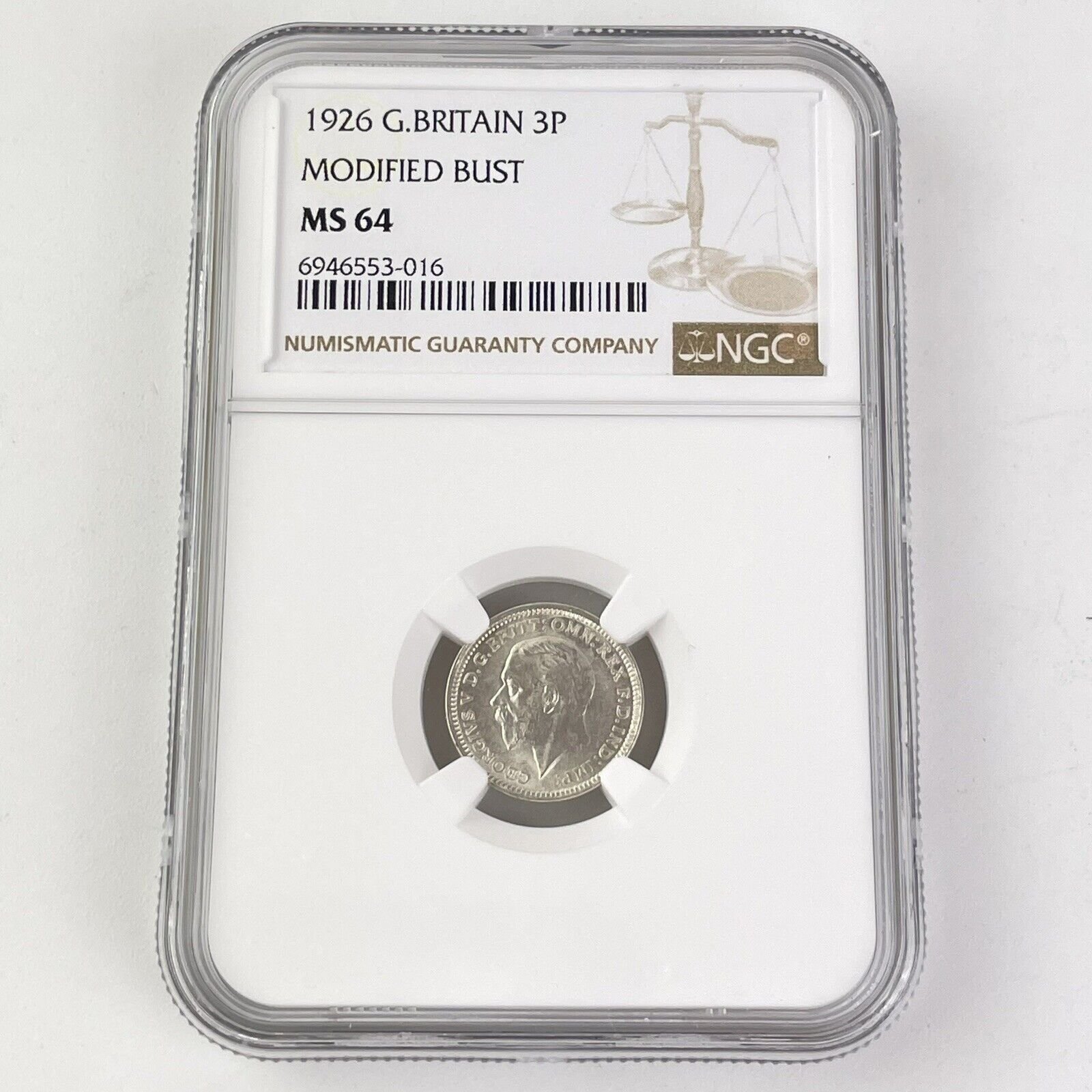 NGC Graded George V 1926 Great Britain 3P Threepence Modified Bust MS 64 Coin