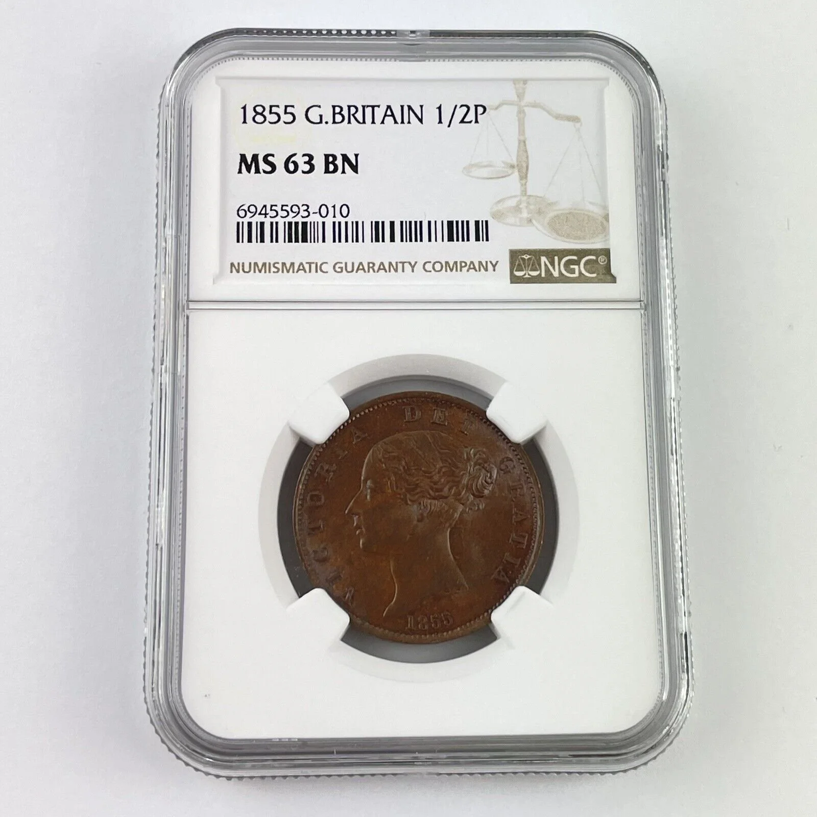 Great Britain Queen Victoria 1855 Half Penny 1/2P MS 63 BN NGC Graded