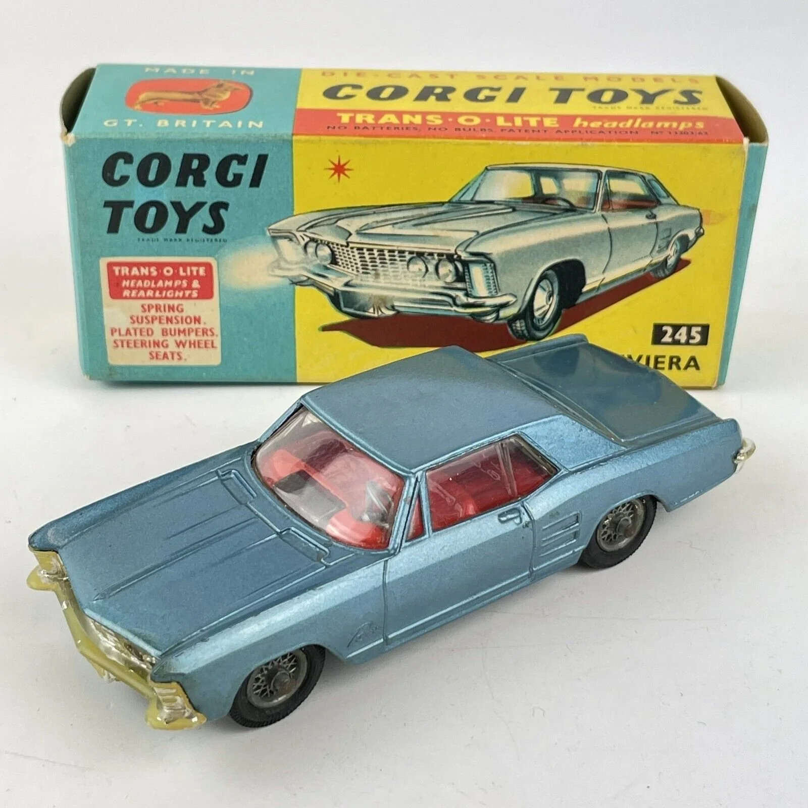 Vintage Boxed Corgi Toys No. 245 Buick Riviera Blue Wheeler Antiques