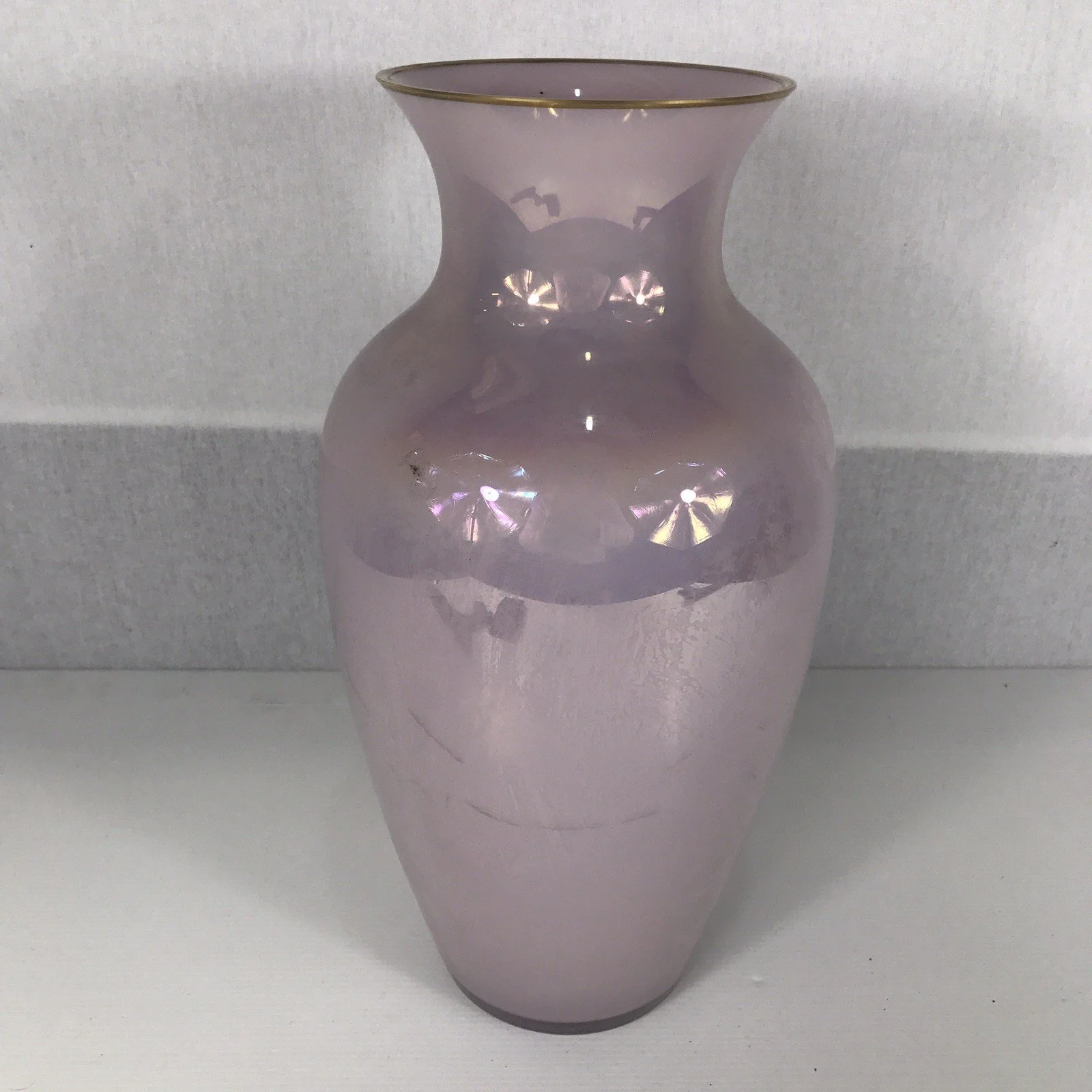 Large Pink Lustre Murano Vetri Vase Gilt Rim Height 35cm (scratches & Wear)