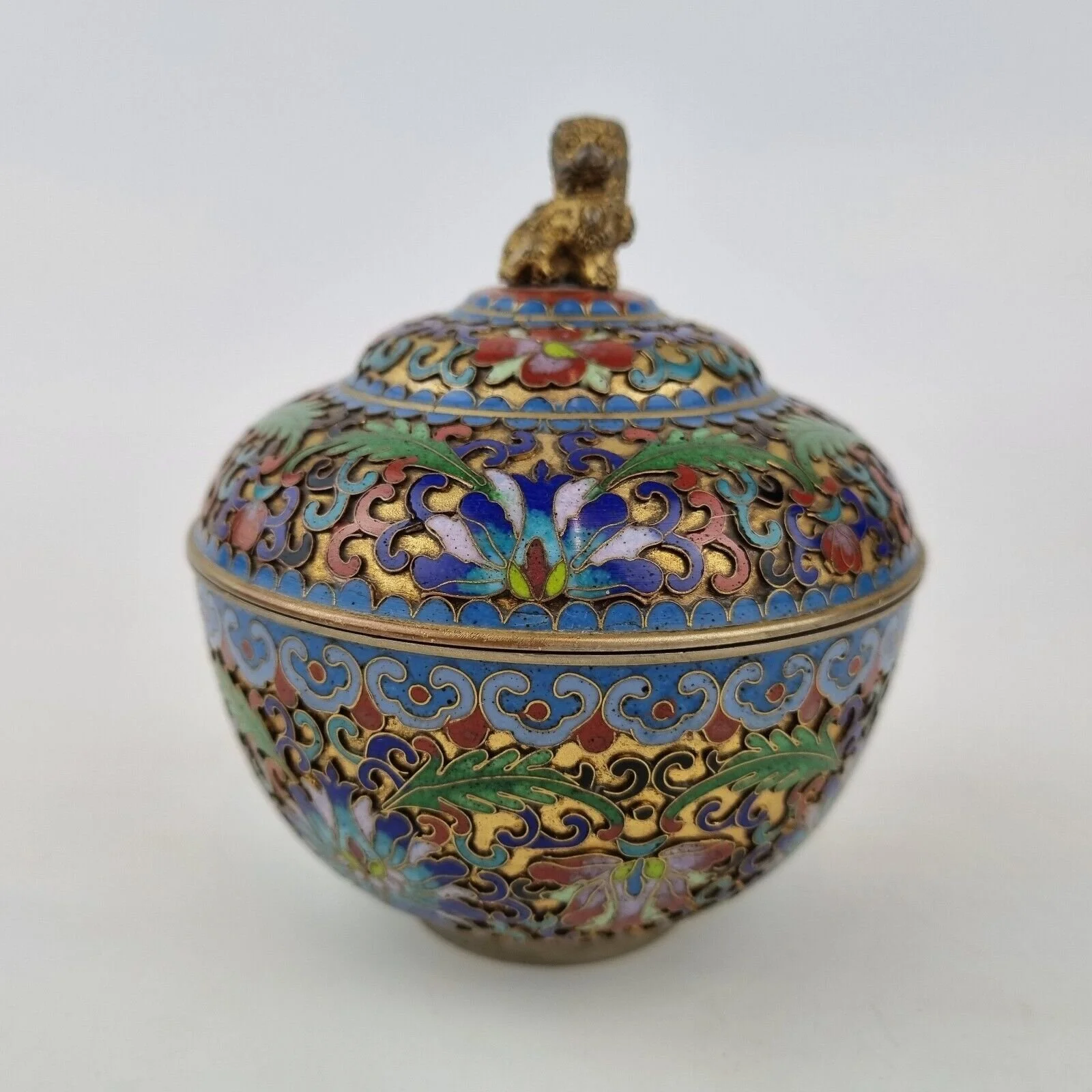20th Century Chinese Cloisonne Circular Box And Cover Decorated Scrolling Lotus