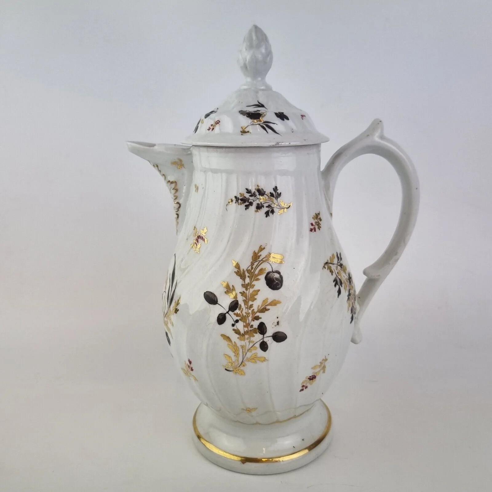 Antique 18th Century Chamberlains Worcester Fluted Coffee Pot Decorated Flowers