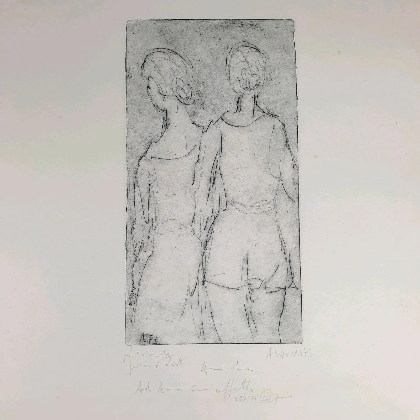 Benito Asquini Vintage Signed Etching 2 Female Figures Looking Away Women 1973