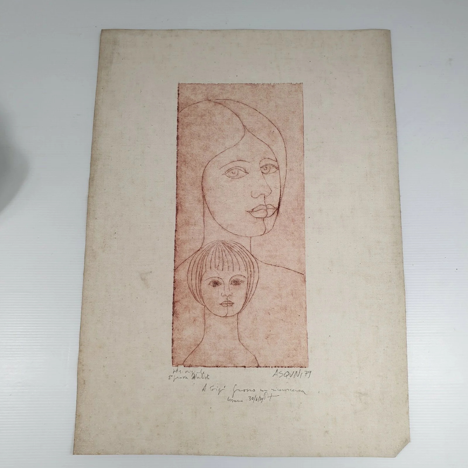 Benito Asquini Signed Print On Linen? Study Of A Woman And Girls Head Dated 1979