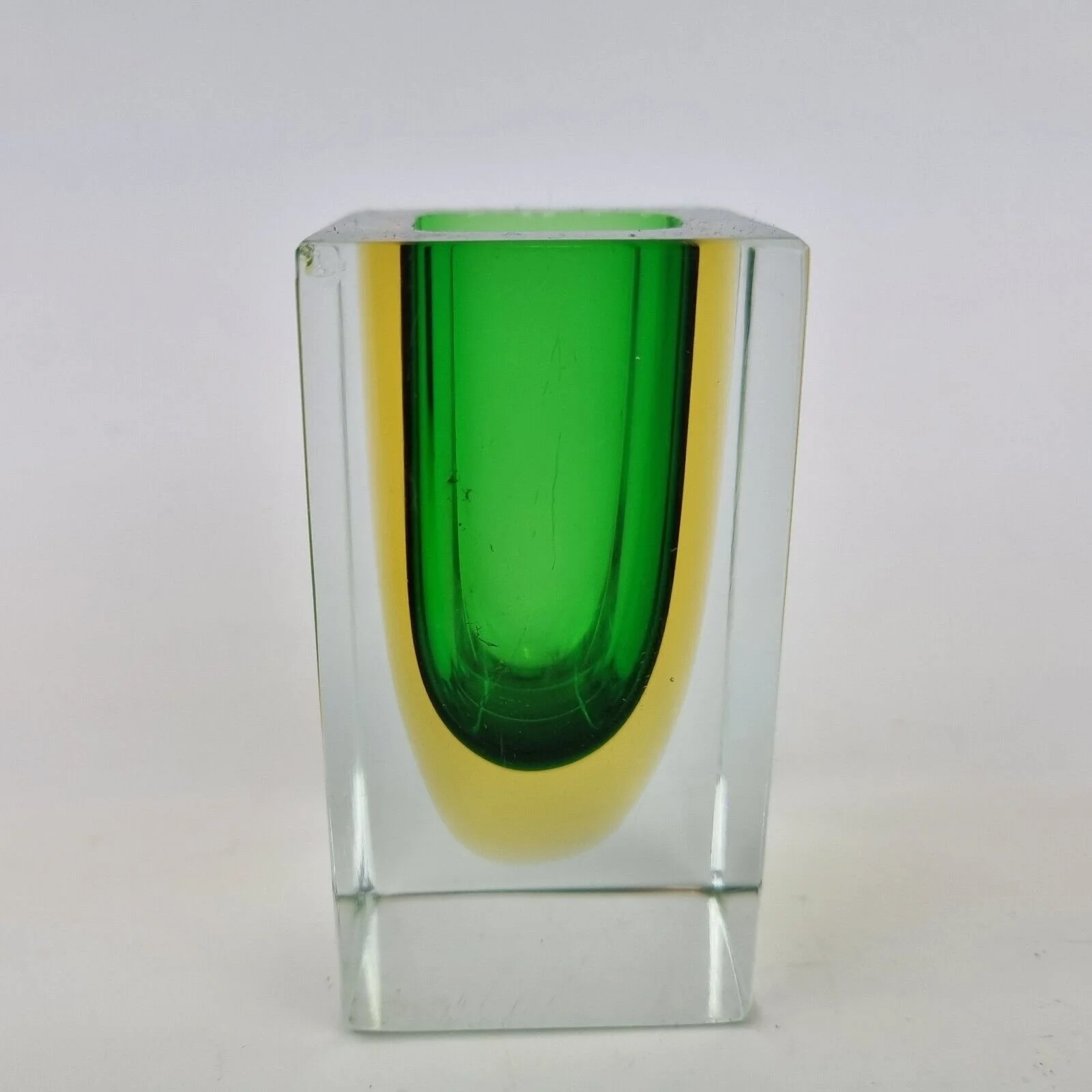 Vintage Small Murano Glass Sommerso Vase Green & Orange 8.2cm High