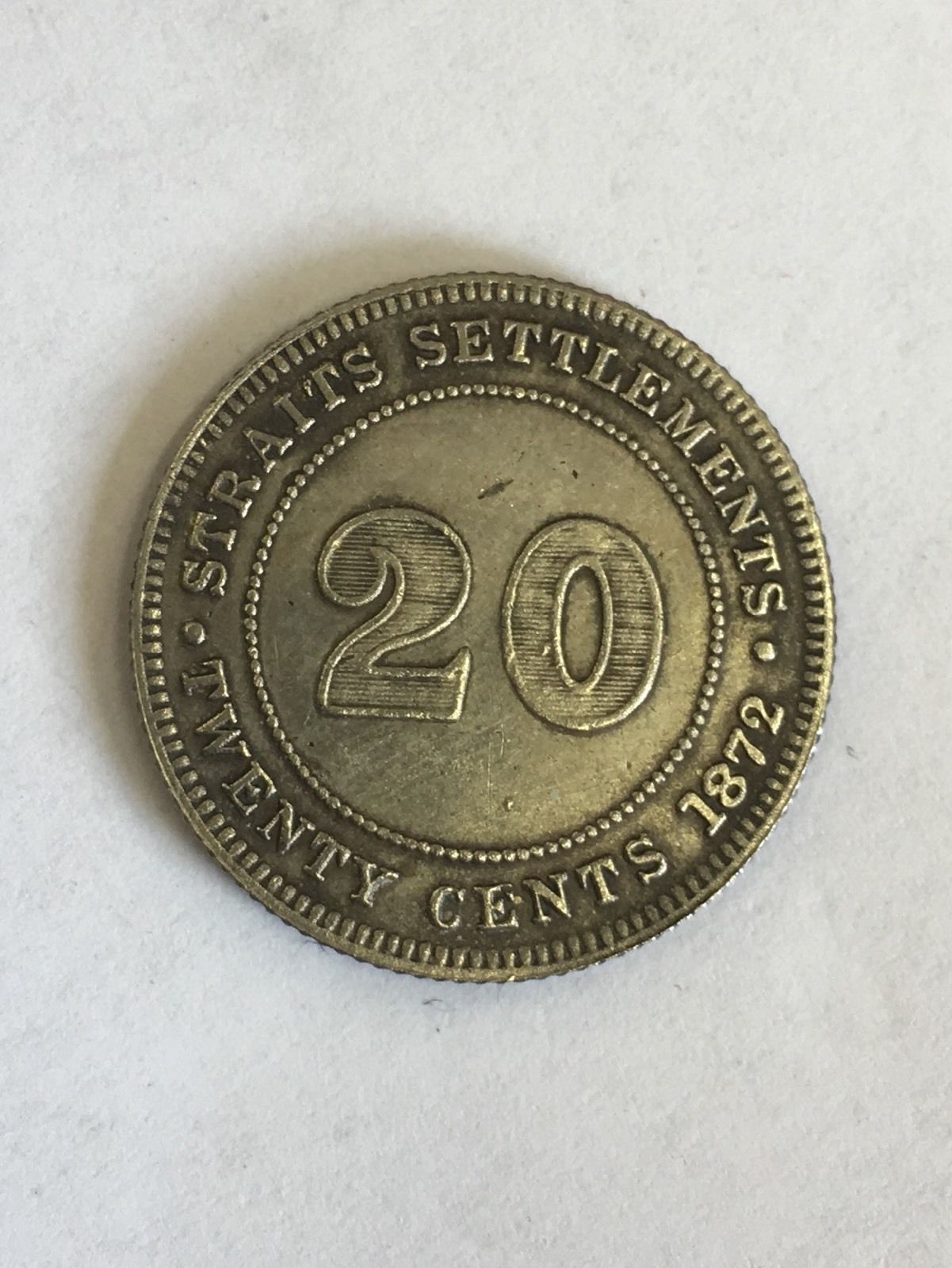 Antique Victorian Straits Settlements 20 Cents Silver 1872H Coin Very Rare
