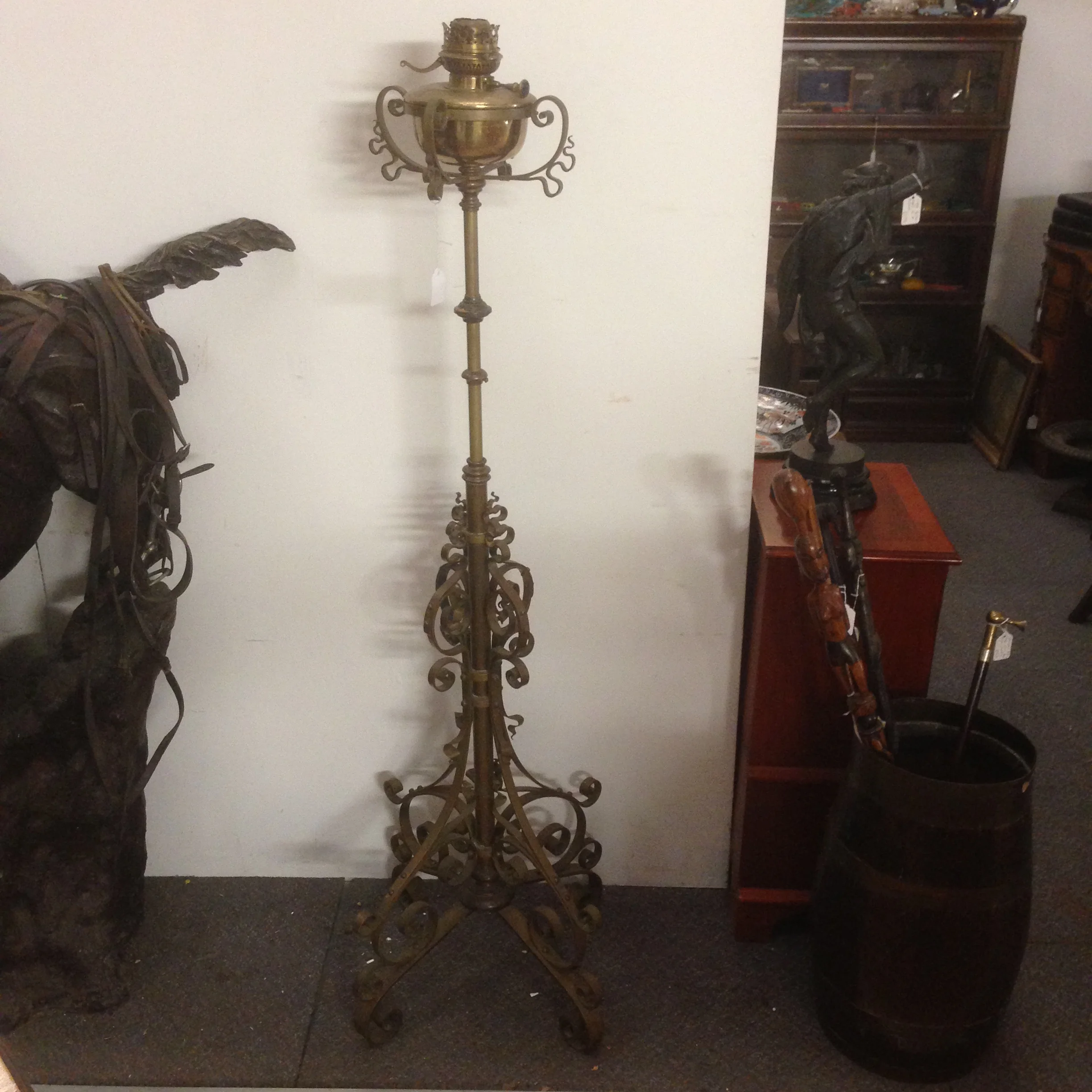 Antique Brass W A S Benson Style Telescopic Standard Lamp With Scroll Decoration