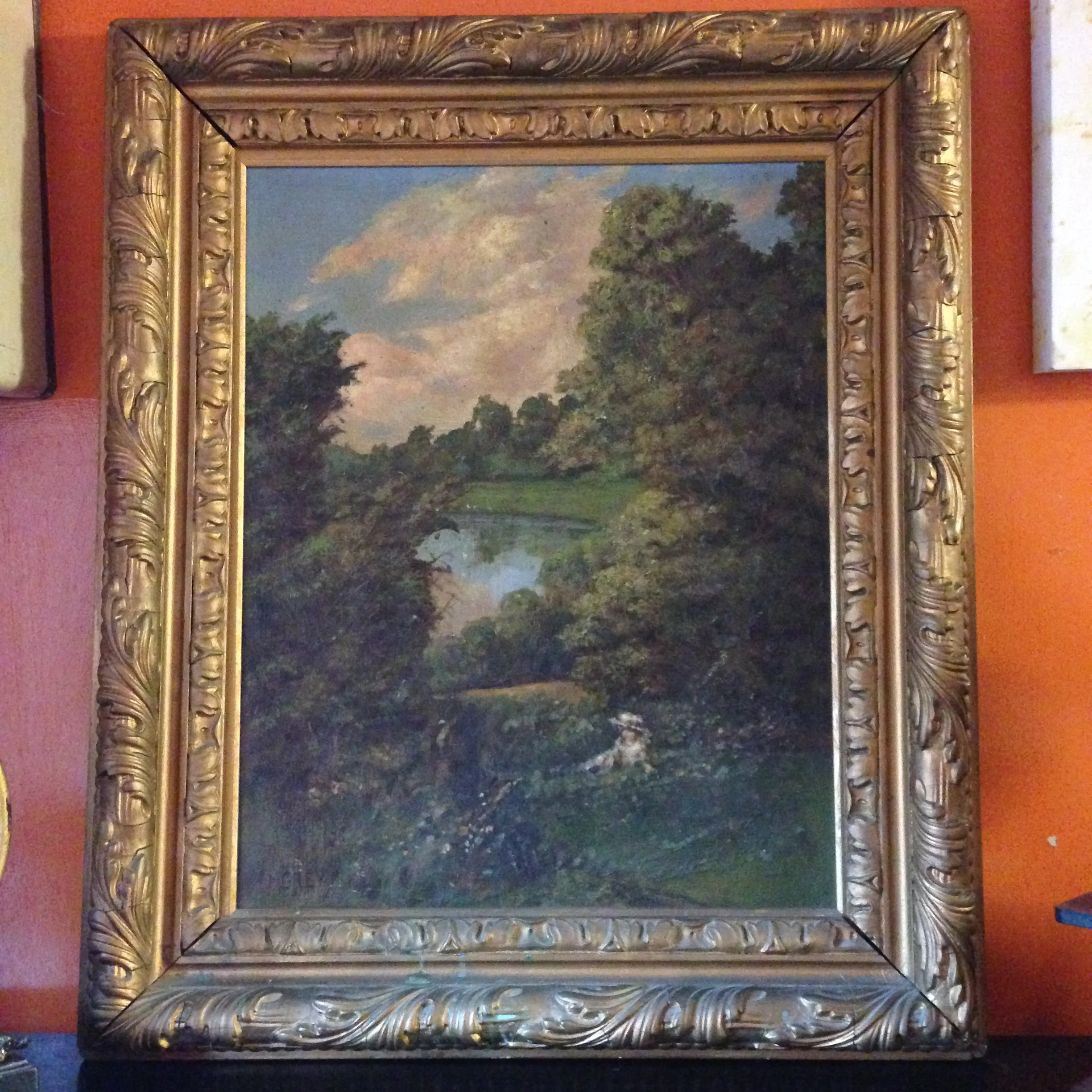 Antique Victorian Abstarct Oil Landscape Painting In Gilt Frame Signed M. Grey