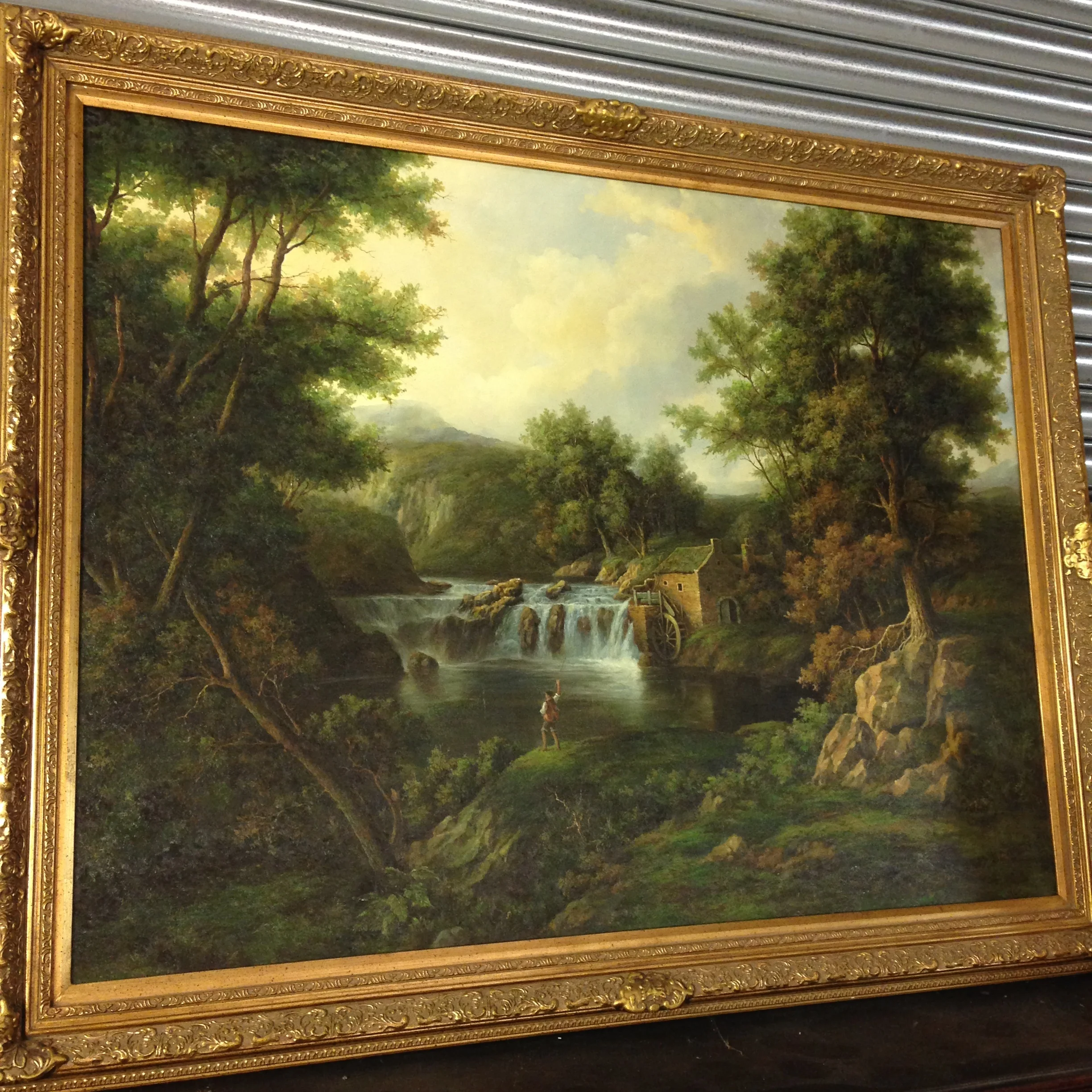 Huge Antique Style Landscape Oil On Canvas. With A Fisherman In Gilt Frame