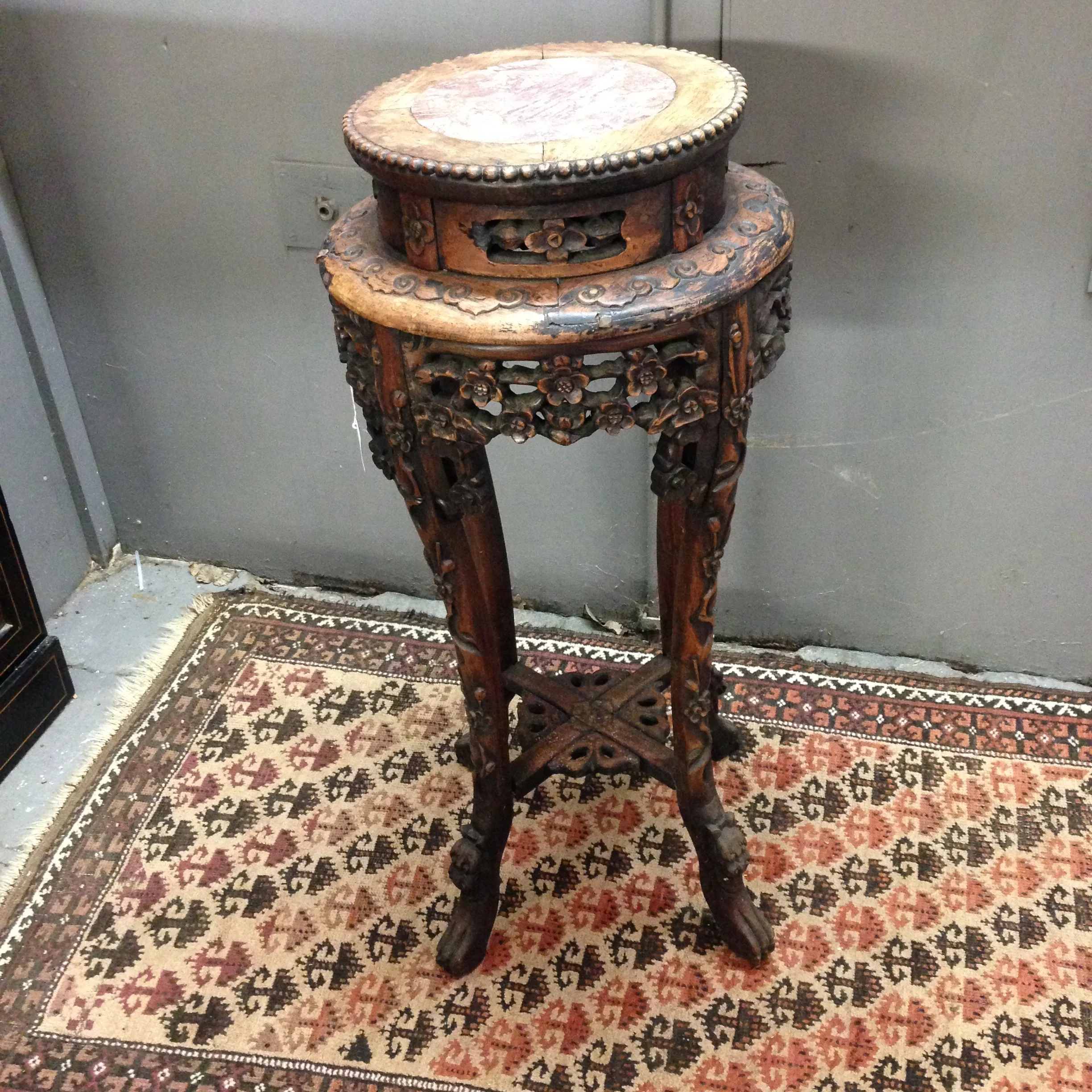 Antique Chinese Carved Hardwood Pot Stand With Inset Marble Top