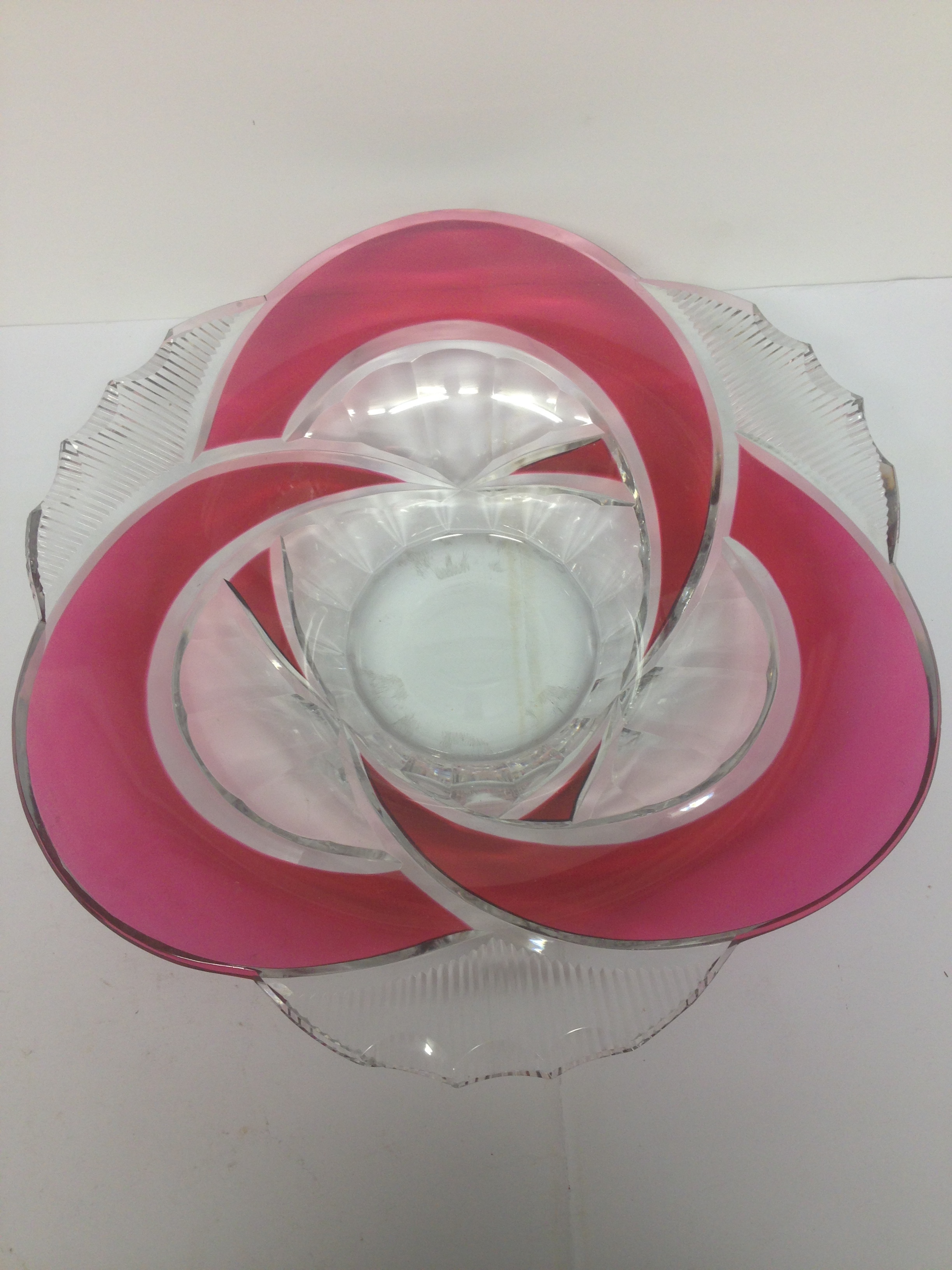 Large Belgian Val St Lambert Cut Glass Centre Bowl 37.5cm Diameter Red And Clear