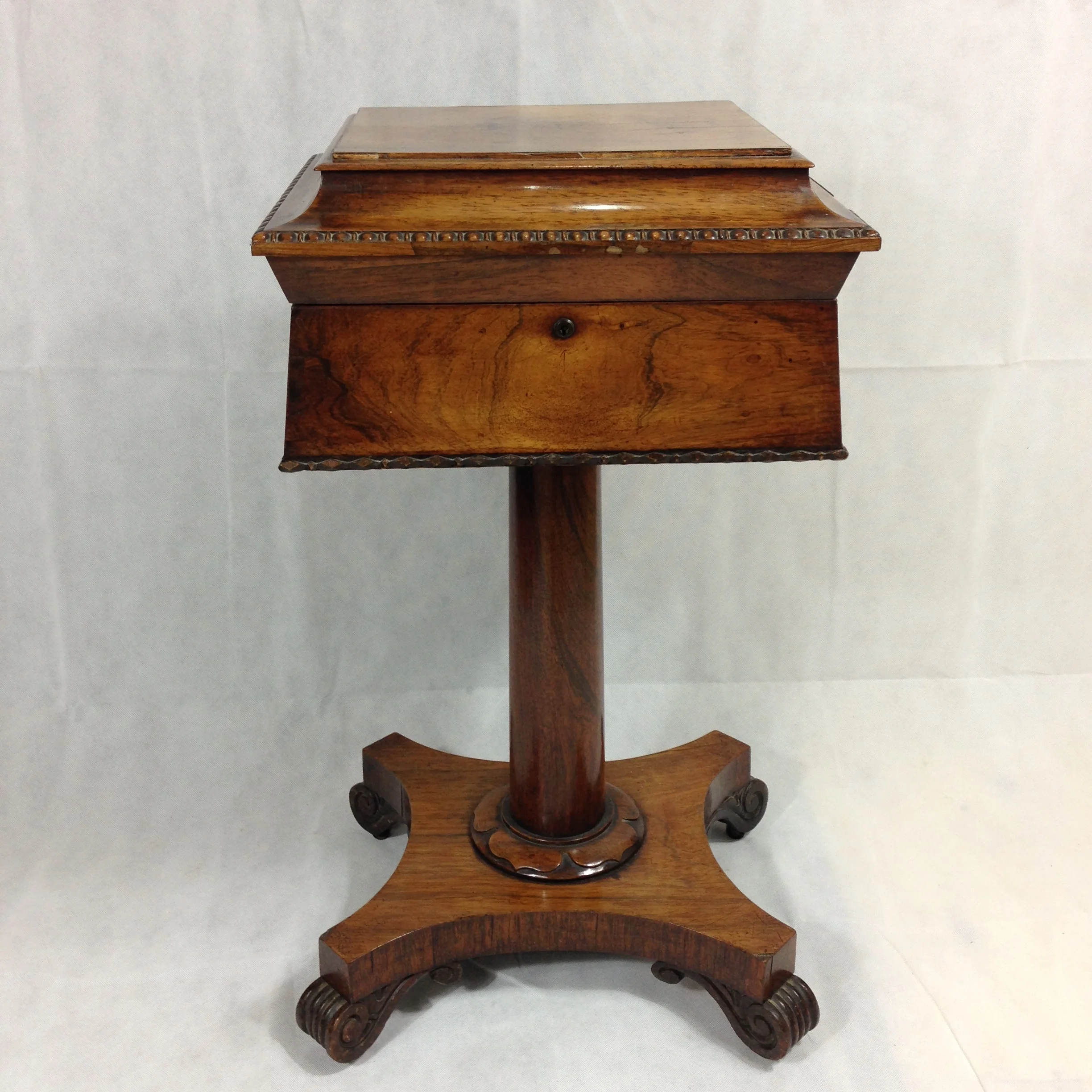 Fine Antique Rosewood Teapoy With 4 Compartments On A Column And Platform Base