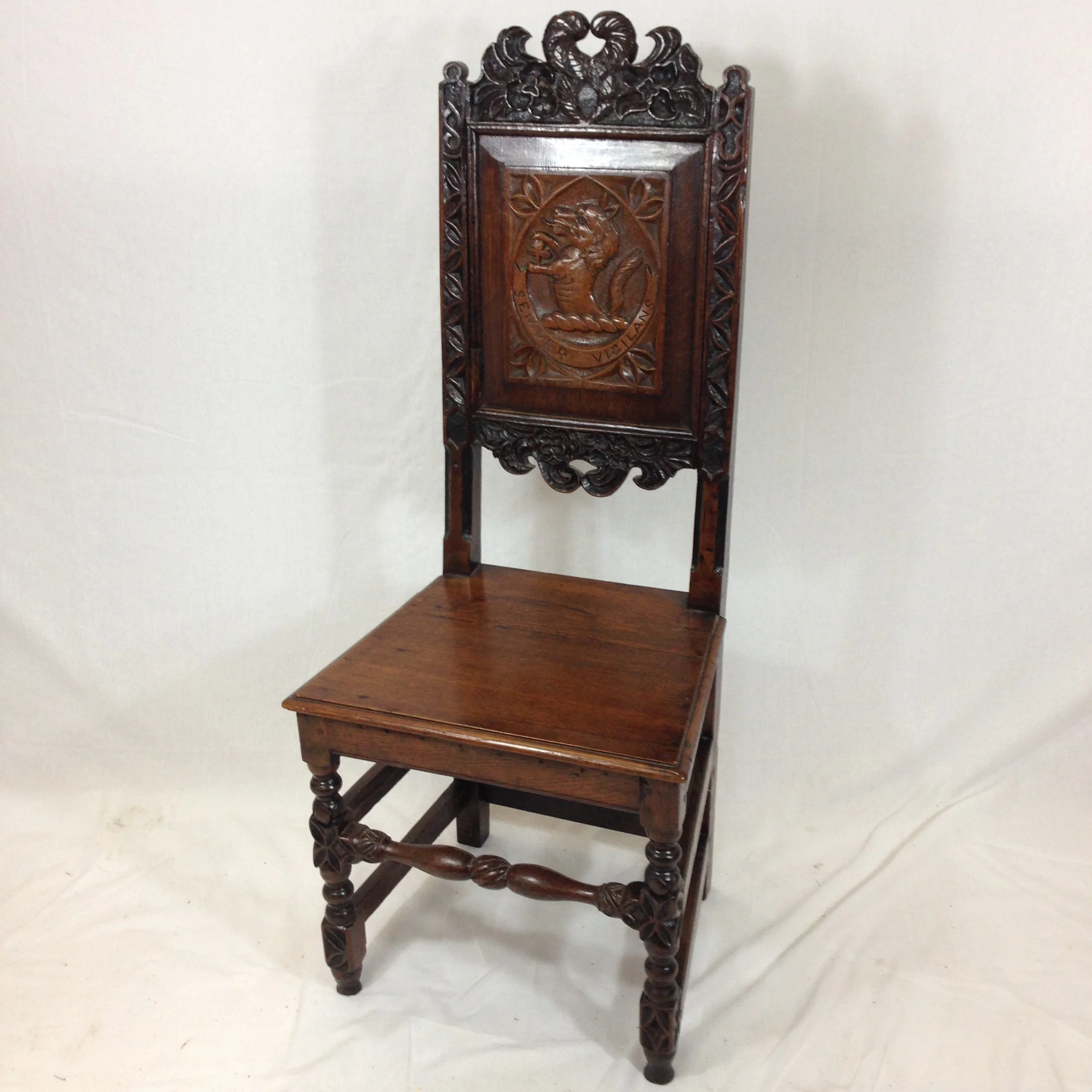 Antique 18th Century And Later Oak Joint Chair With Carved Armorial Panel Back