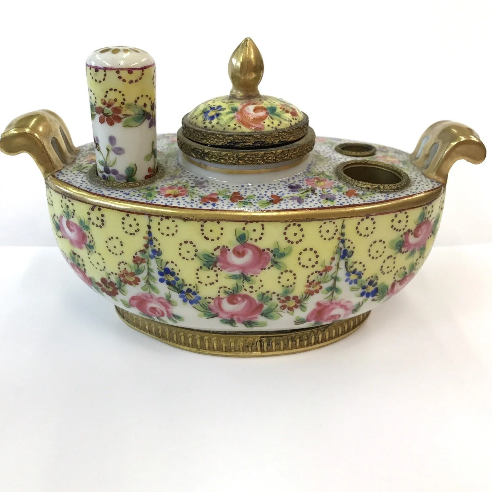 Antique Hand Painted Porcelain Inkstand Sevres Mark Possibly Sevres Brass Mounts