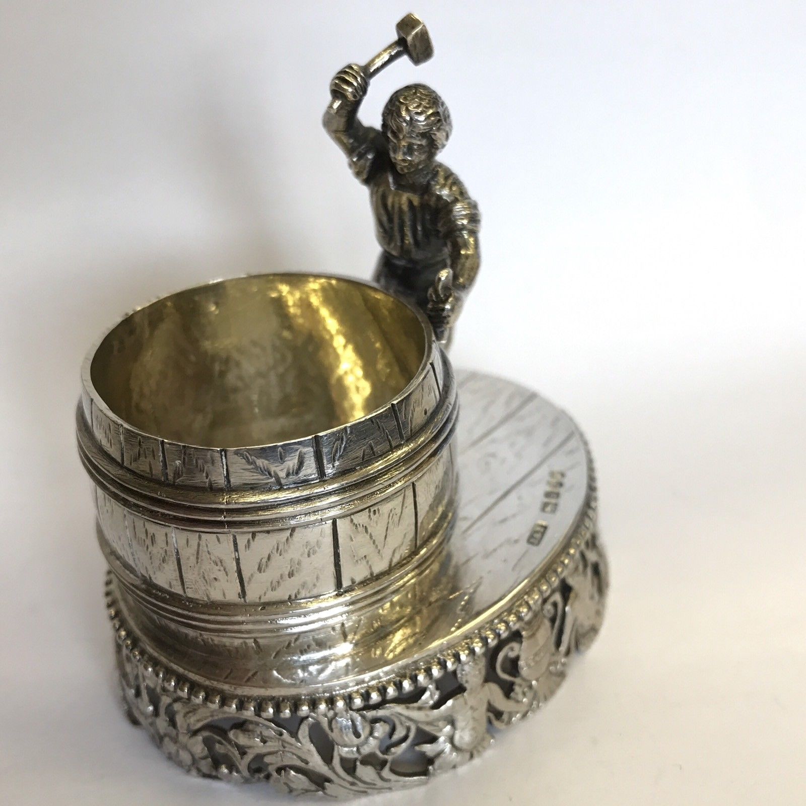 Fine Antique Solid Silver Salt Novelty Blacksmith Barrel Wolf & Knoll 1904 Hanau