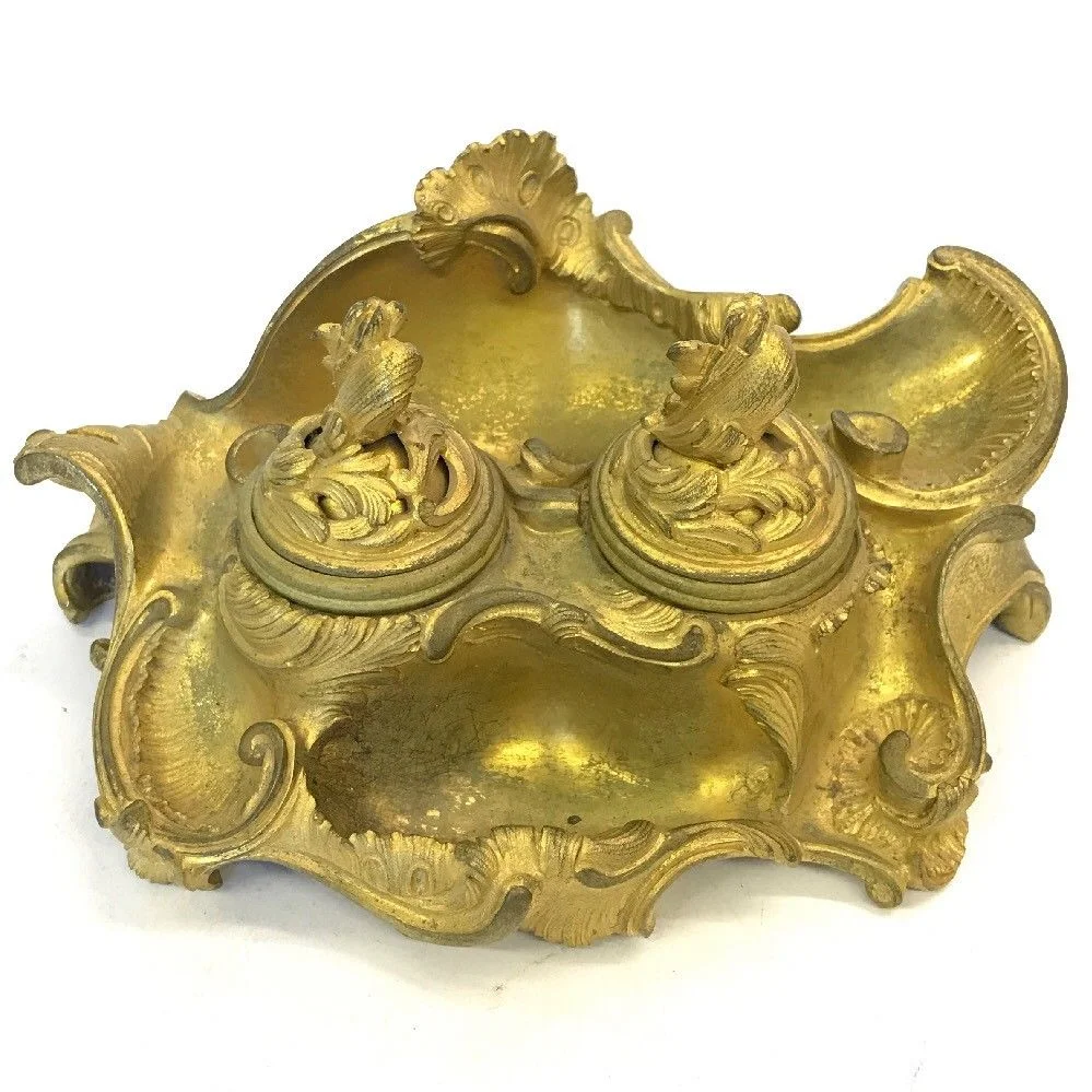Fine Antique Gilt Bronze Ormolu French Rococo Louis XV Twin Inkstand Inkwell