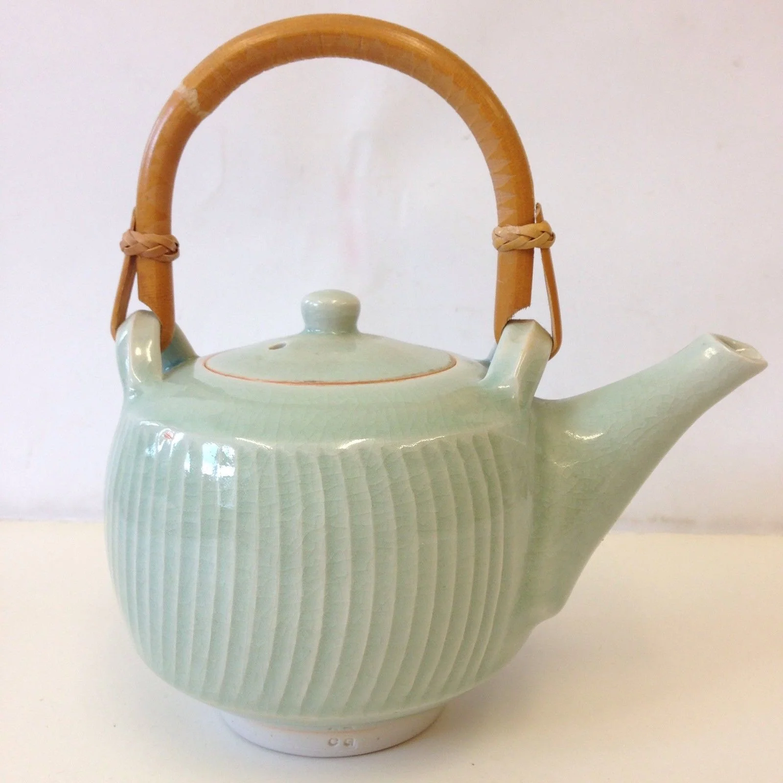 Studio Pottery Ceramic Glazed Teapot Bamboo Handle Marked C G Carol Greenaway?