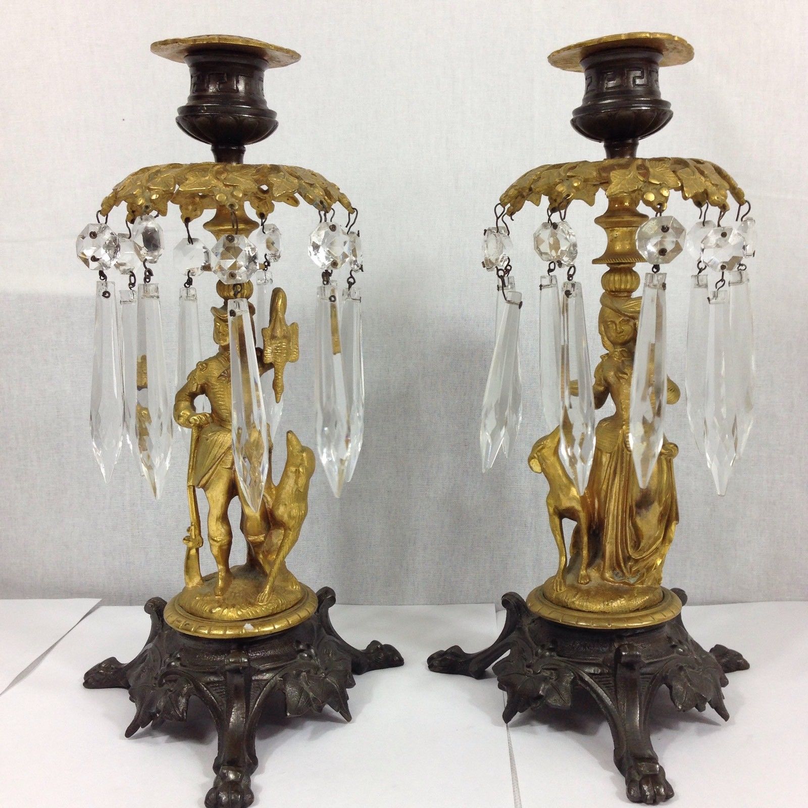 Antique Pair Of Ormolu & Bronze Candlesticks With Glass Lustres Figural 26cm