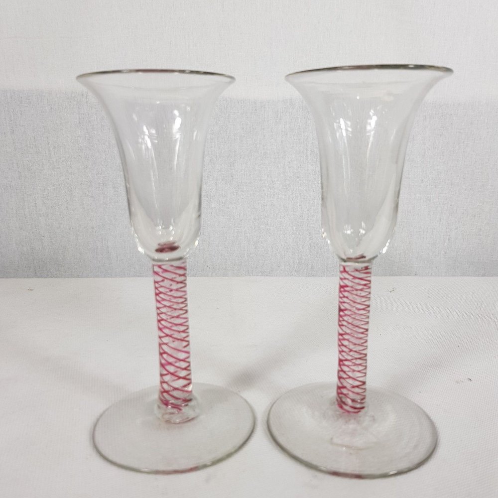 Pair Of 18th Century Style Short Stemmed Drinking Glasses Red Twist Stems   Wheeler Antiques