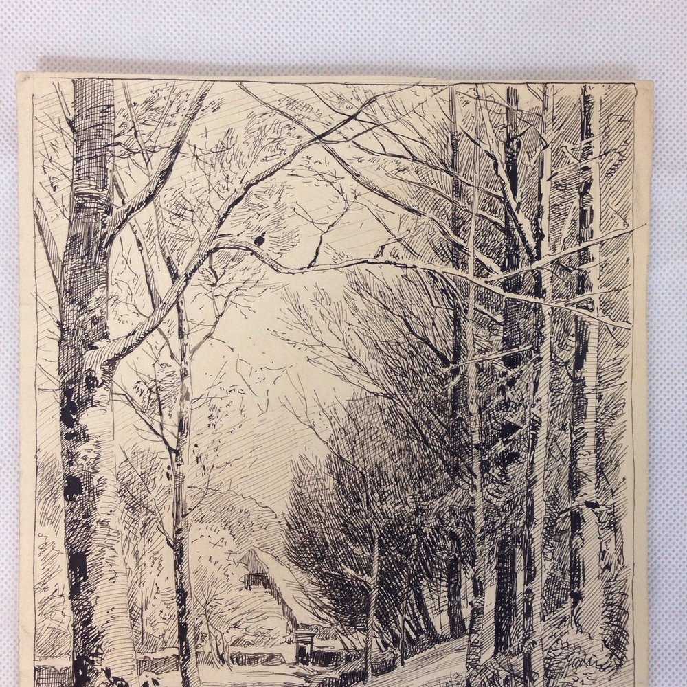 Adolf Schweitzer Signed Fine Antique Pen Sketch Dated 18 Winter Forest Wheeler Antiques
