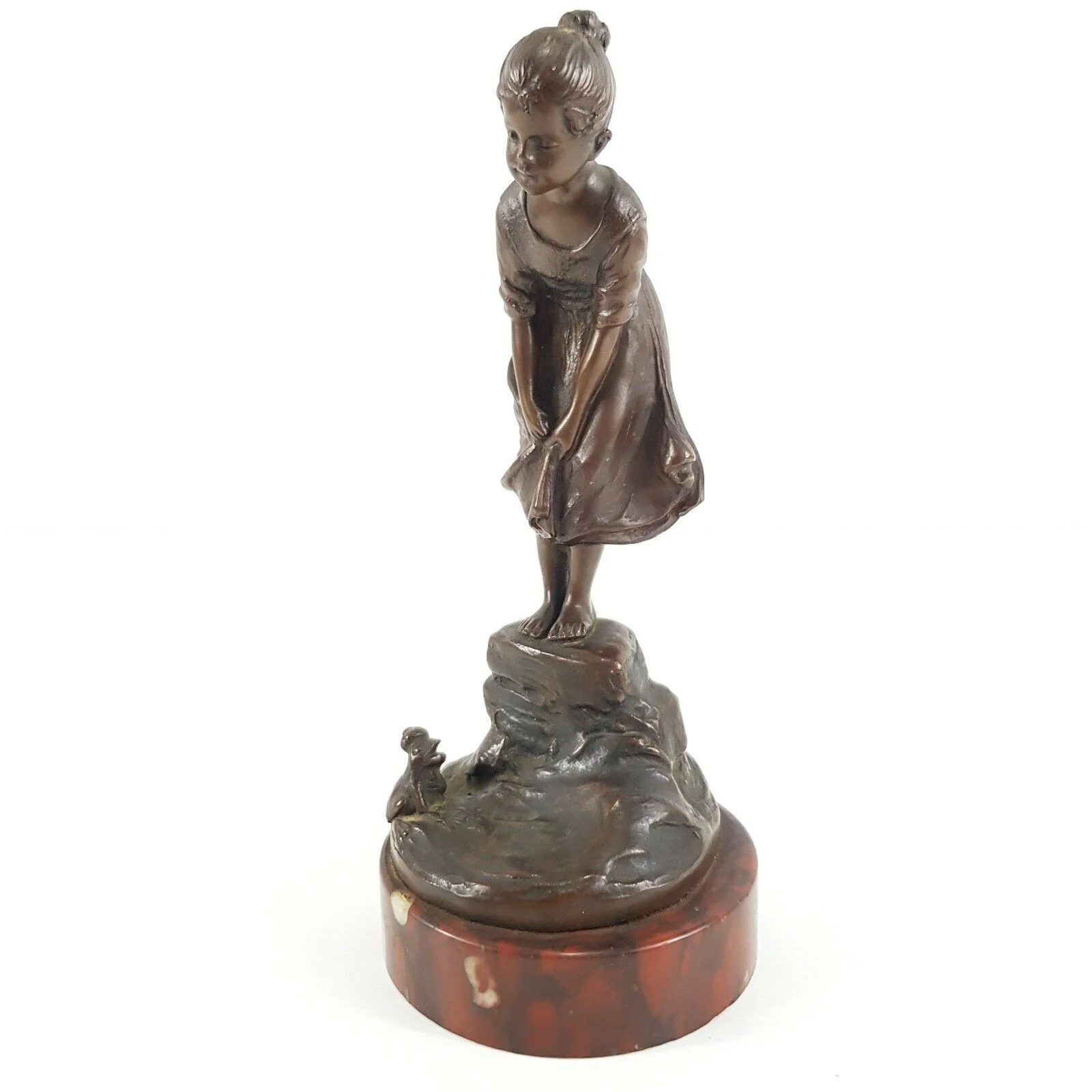 Ludwig Eisenberger Vintage Bronze Figure Girl &amp; Frog "Froschkonig" Marble Base