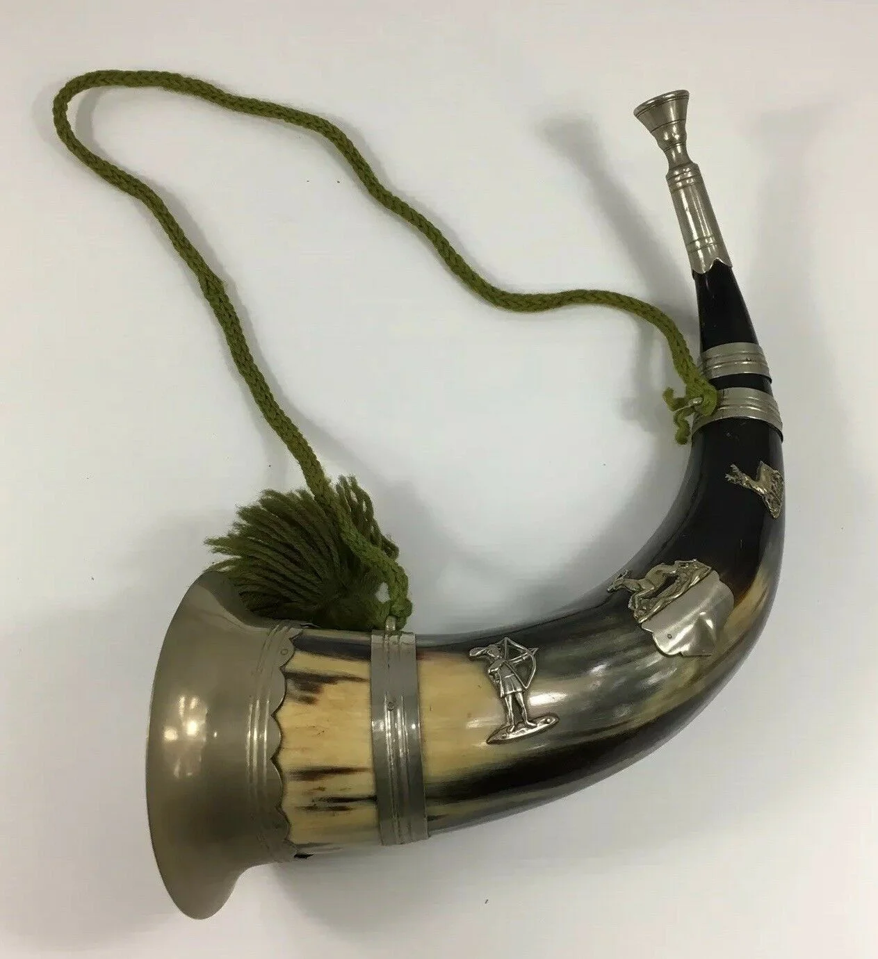 Vintage Foresters Hunting Ceremonial Horn Silverplate Detail 35cm In